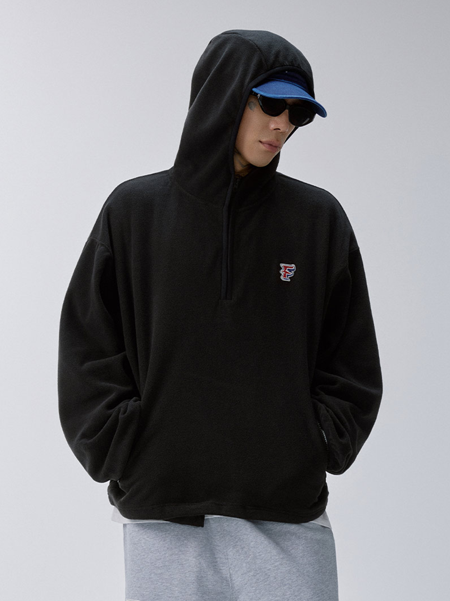 F2CE Embroidered LOGO Patch Half-Zip Fleece Hoodie-Hoodie-S-White-Free Shipping Leatheretro