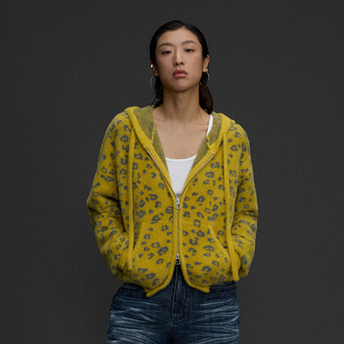 NIANJIUYIKOUER Fuzzy Leopard Jacquard Zip-Up Hooded Cardigan-Jacket-XS-Free Shipping Leatheretro