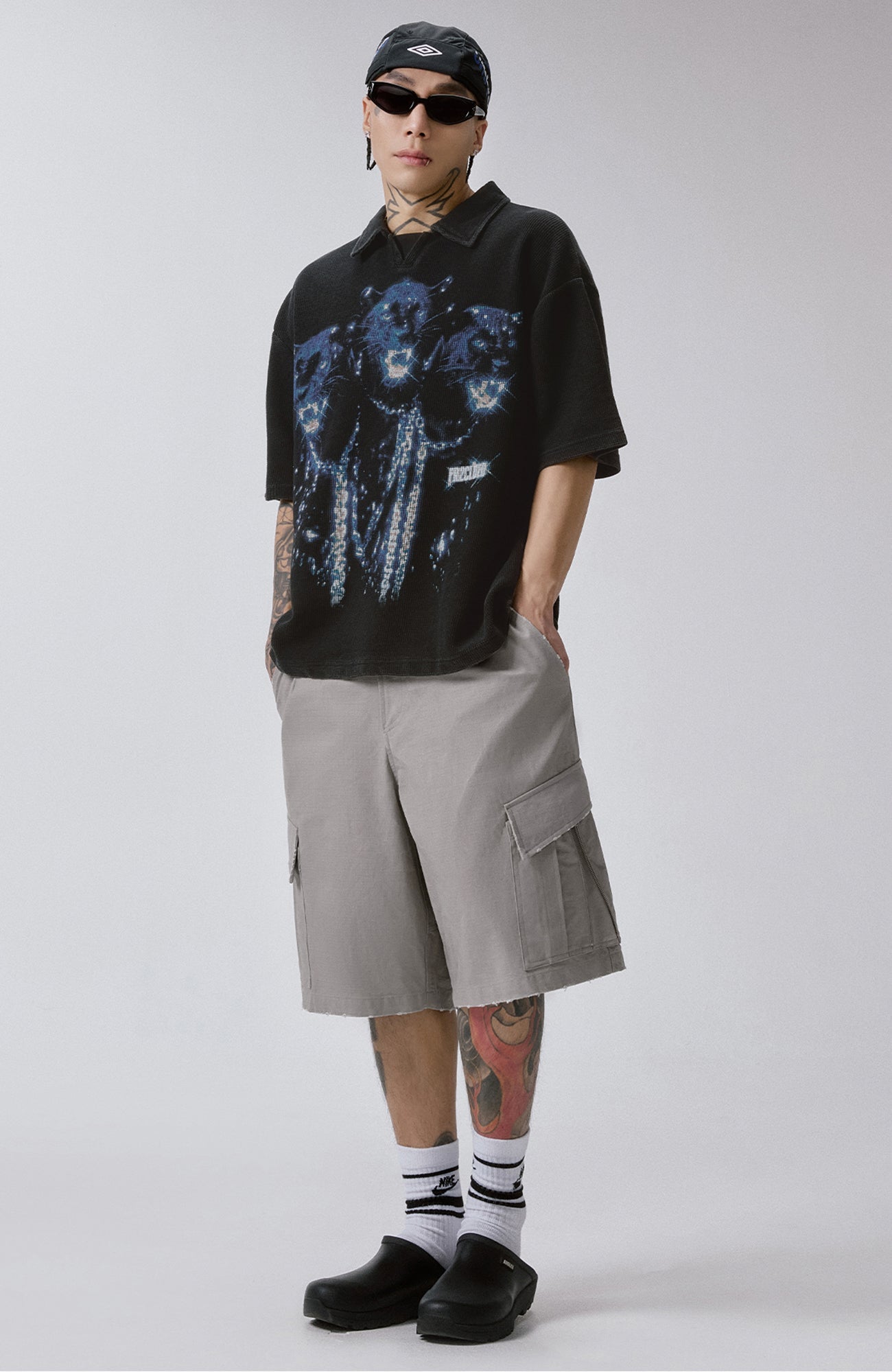 F2CE Distressed Waffle-Knit Graphic Polo-T Shirt-S-Free Shipping Leatheretro