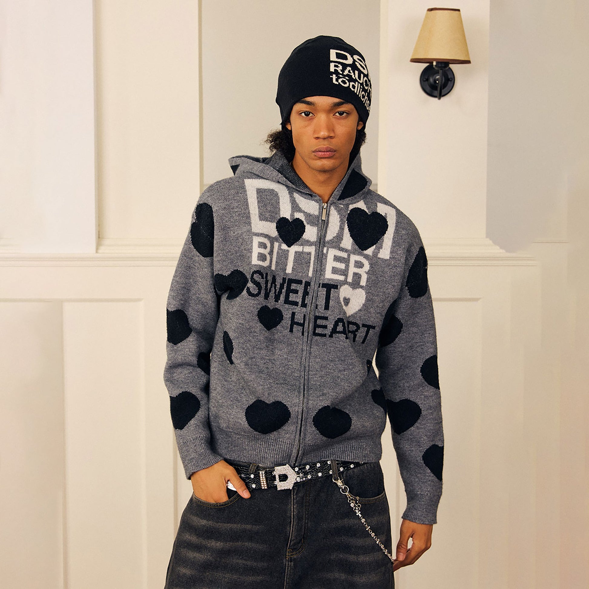 DONSMOKE Heart Full-Print Knit Zip-Up Hoodie-Jacket-S (Preorder)-Gray-Free Shipping Leatheretro