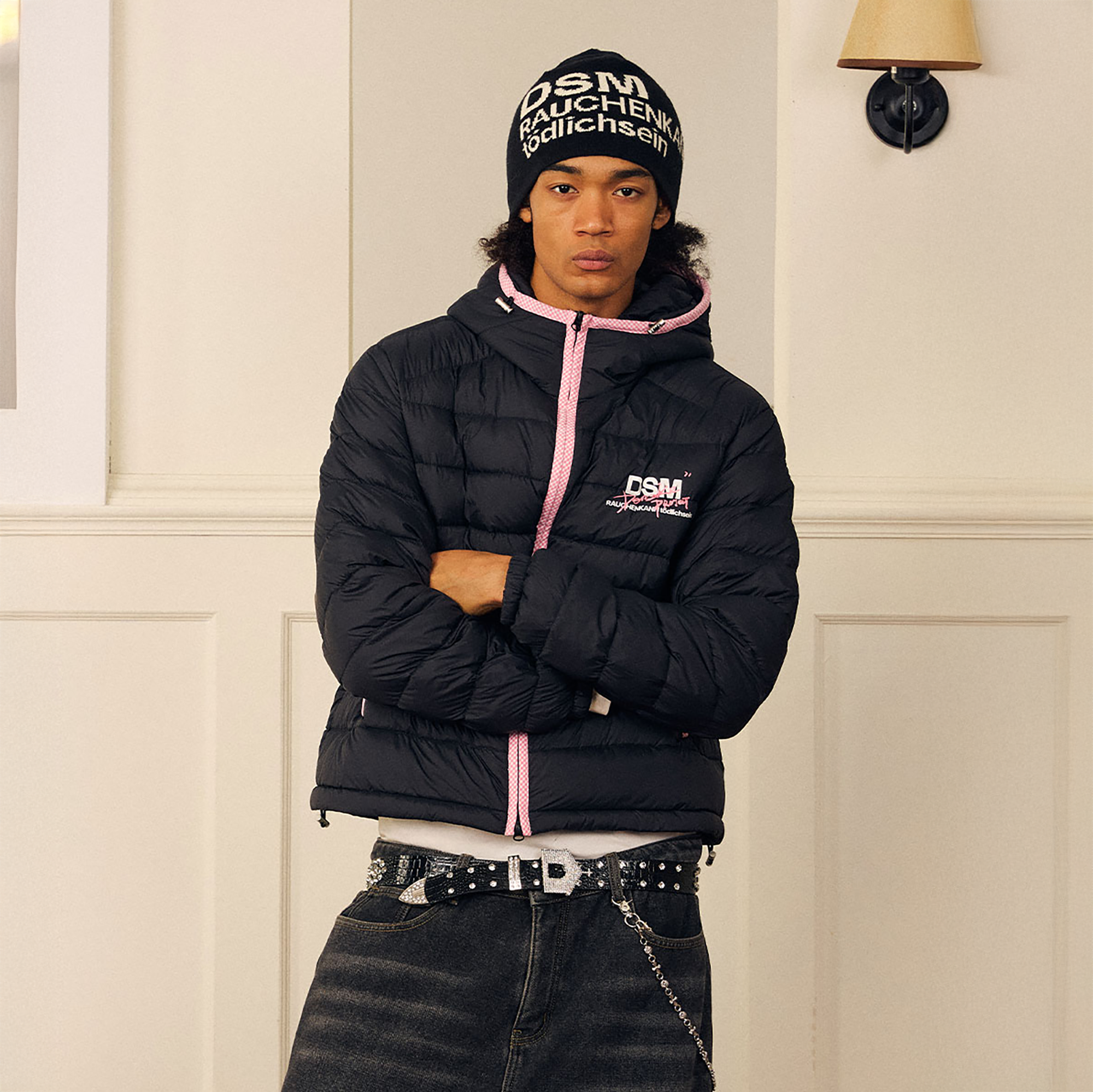 DONSMOKE Plaid Trim Hooded Down Puffer