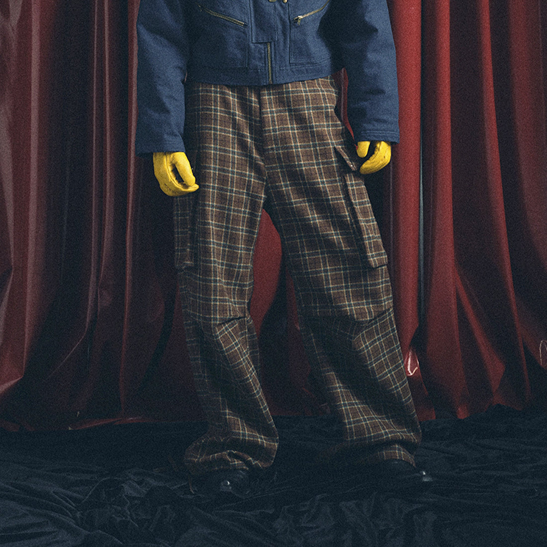 TRECLUB Plaid Pleated-Knee Wide-Leg Cargo Pants-Pants-S-Free Shipping Leatheretro