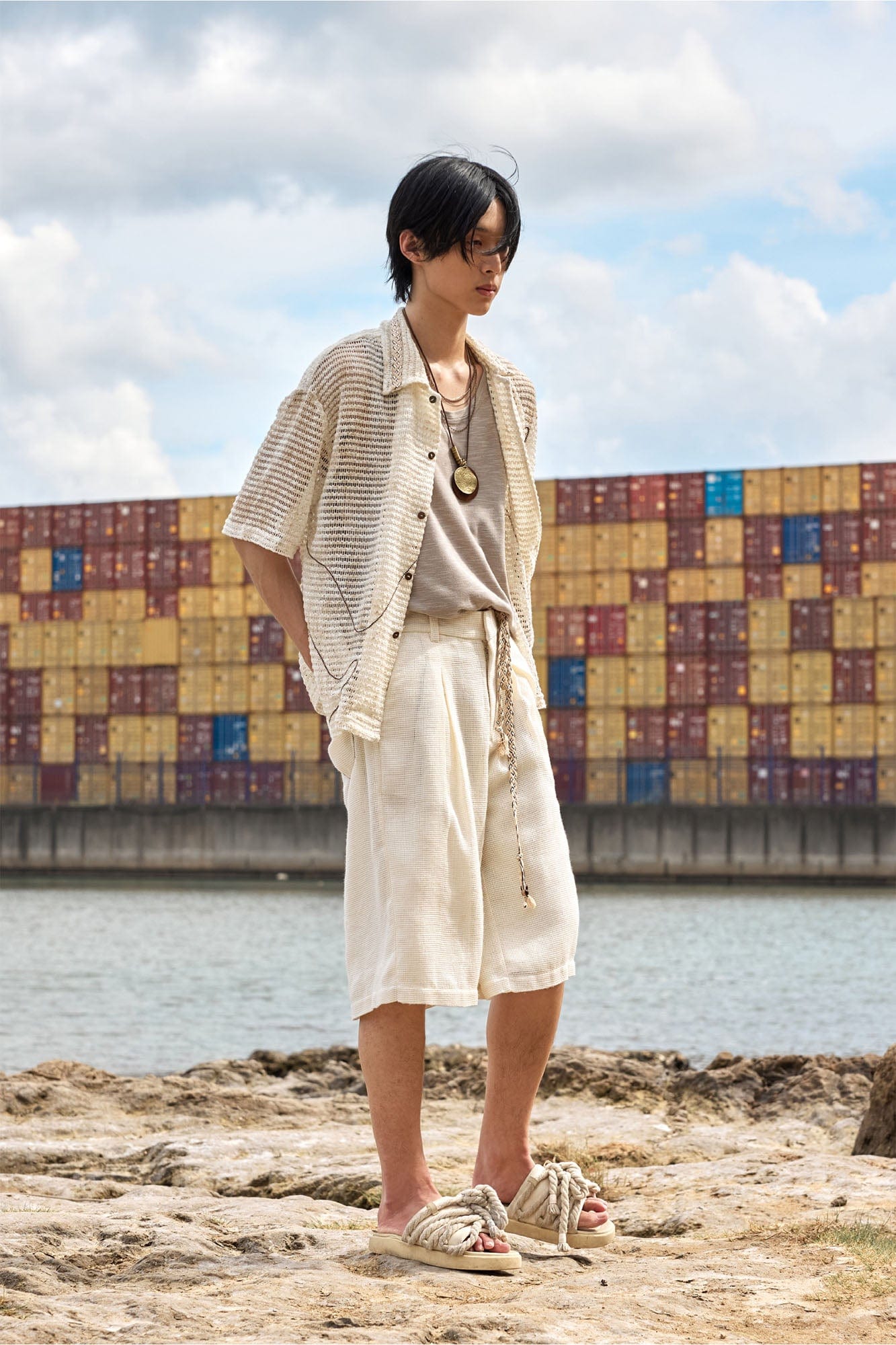 ALVNG AR ANTS Textured Mesh Pleated Braided Tassel Belt Shorts-Pants-S-Apricot-Free Shipping Leatheretro