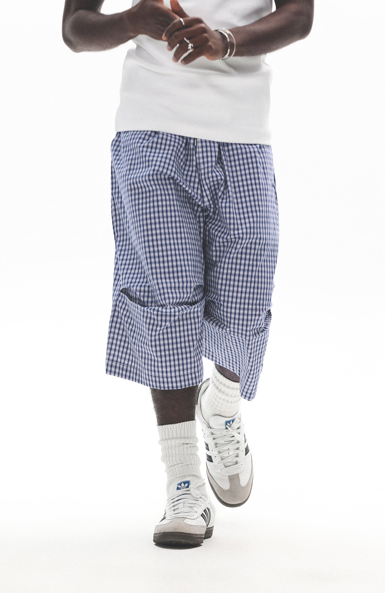 UNTILWERICH Check Drawstring Wide Shorts-Shorts-M / 29“-Blue-Free Shipping Leatheretro