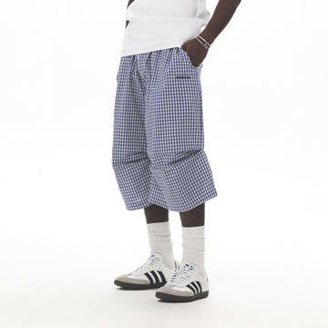 UNTILWERICH Check Drawstring Wide Shorts-Shorts-M / 29“-Blue-Free Shipping Leatheretro