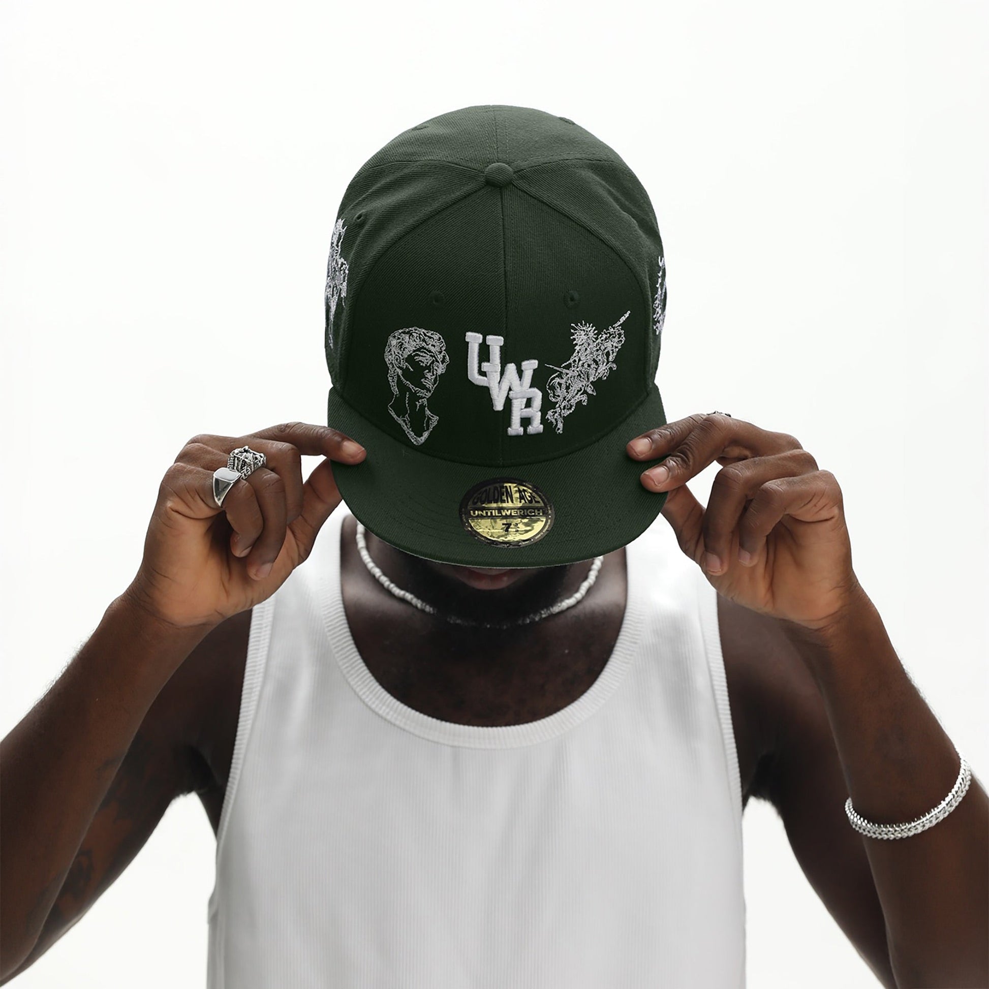 UNTILWERICH Embroidered Flat Brim Fitted Cap-Hat, Cap, Beanie-7 (22.0 in)-Green-Free Shipping Leatheretro