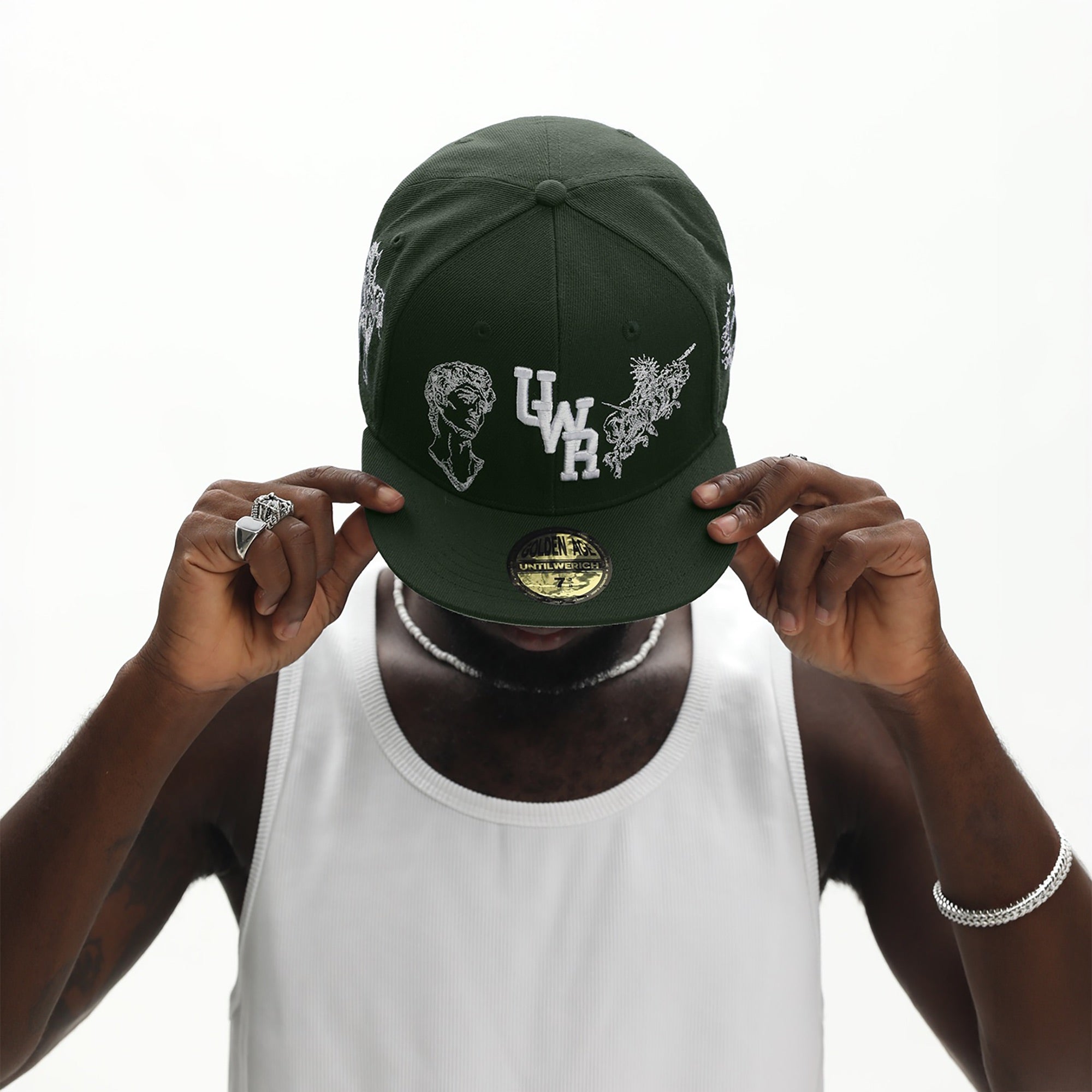 UNTILWERICH Embroidered Flat Brim Fitted Cap-Hat, Cap, Beanie-7 (22.0 in)-Green-Free Shipping Leatheretro