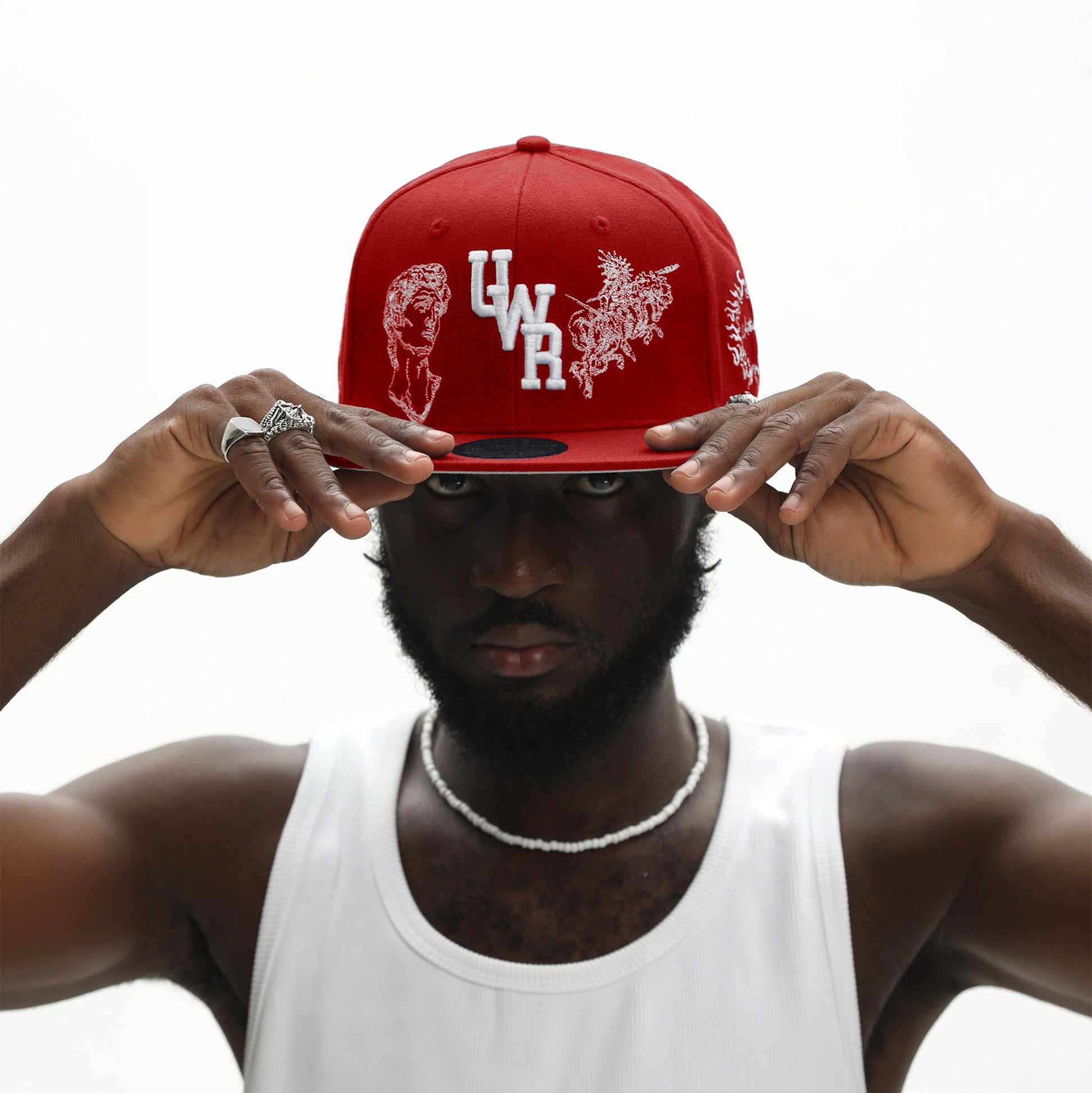 UNTILWERICH Embroidered Flat Brim Fitted Cap-Hat, Cap, Beanie-7 (22.0 in)-Red-Free Shipping Leatheretro