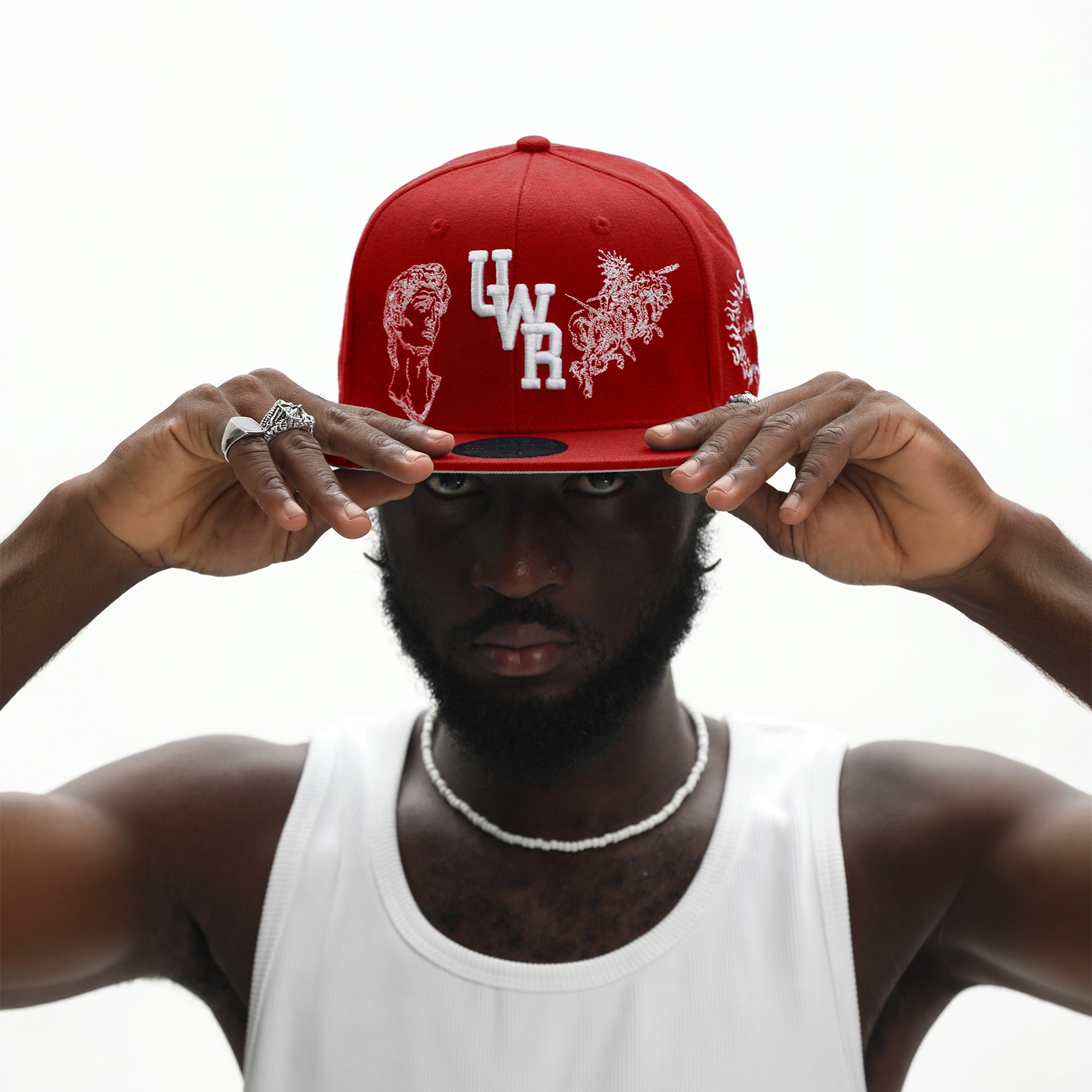 UNTILWERICH Embroidered Flat Brim Fitted Cap-Hat, Cap, Beanie-7 (22.0 in)-Red-Free Shipping Leatheretro