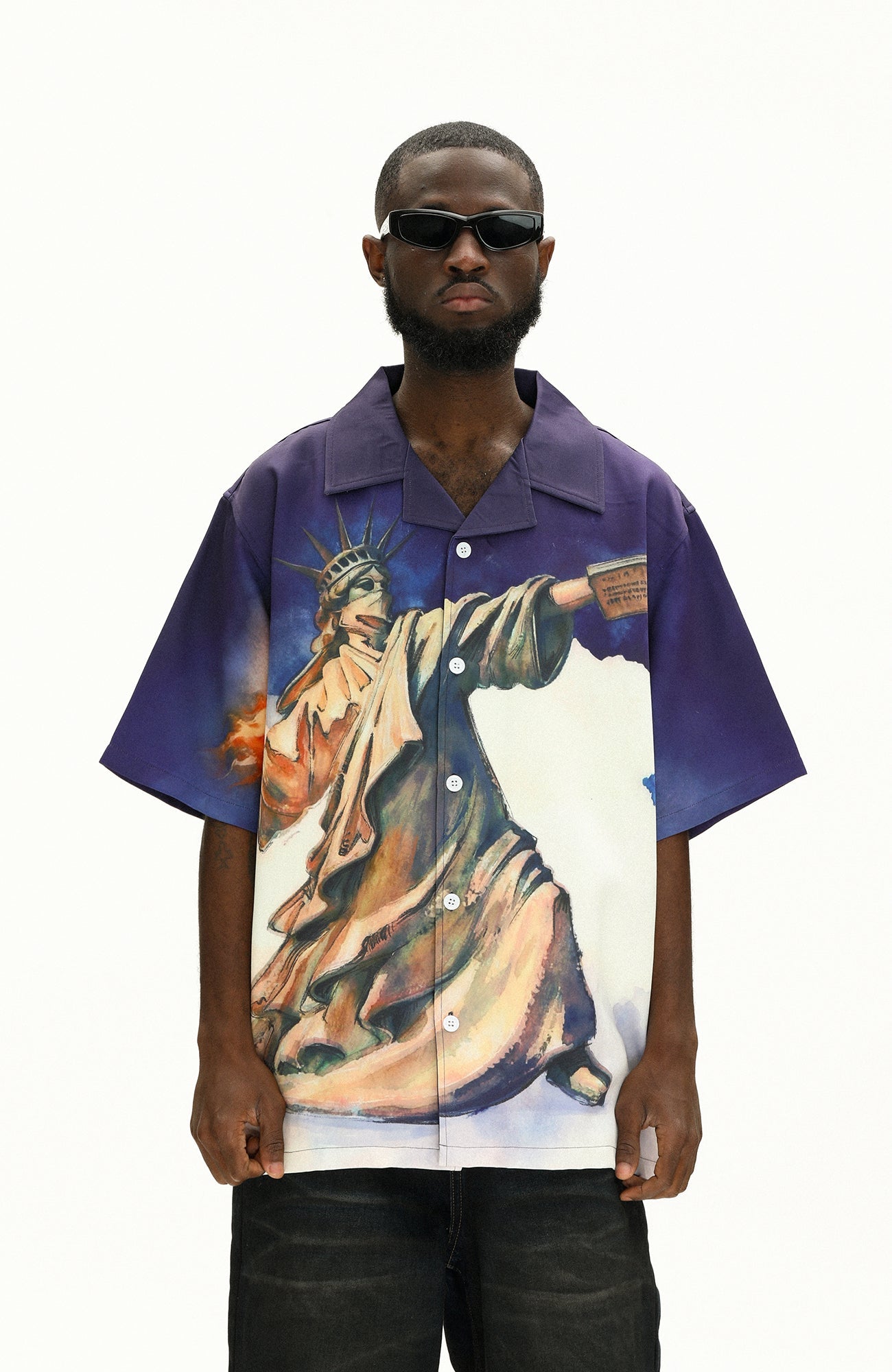 UNTILWERICH Liberty Graphic Cuban Collar Half Shirt-Half shirt-M-Free Shipping Leatheretro