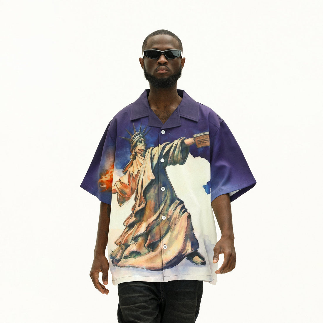UNTILWERICH Liberty Graphic Cuban Collar Half Shirt-Half shirt-M-Free Shipping Leatheretro