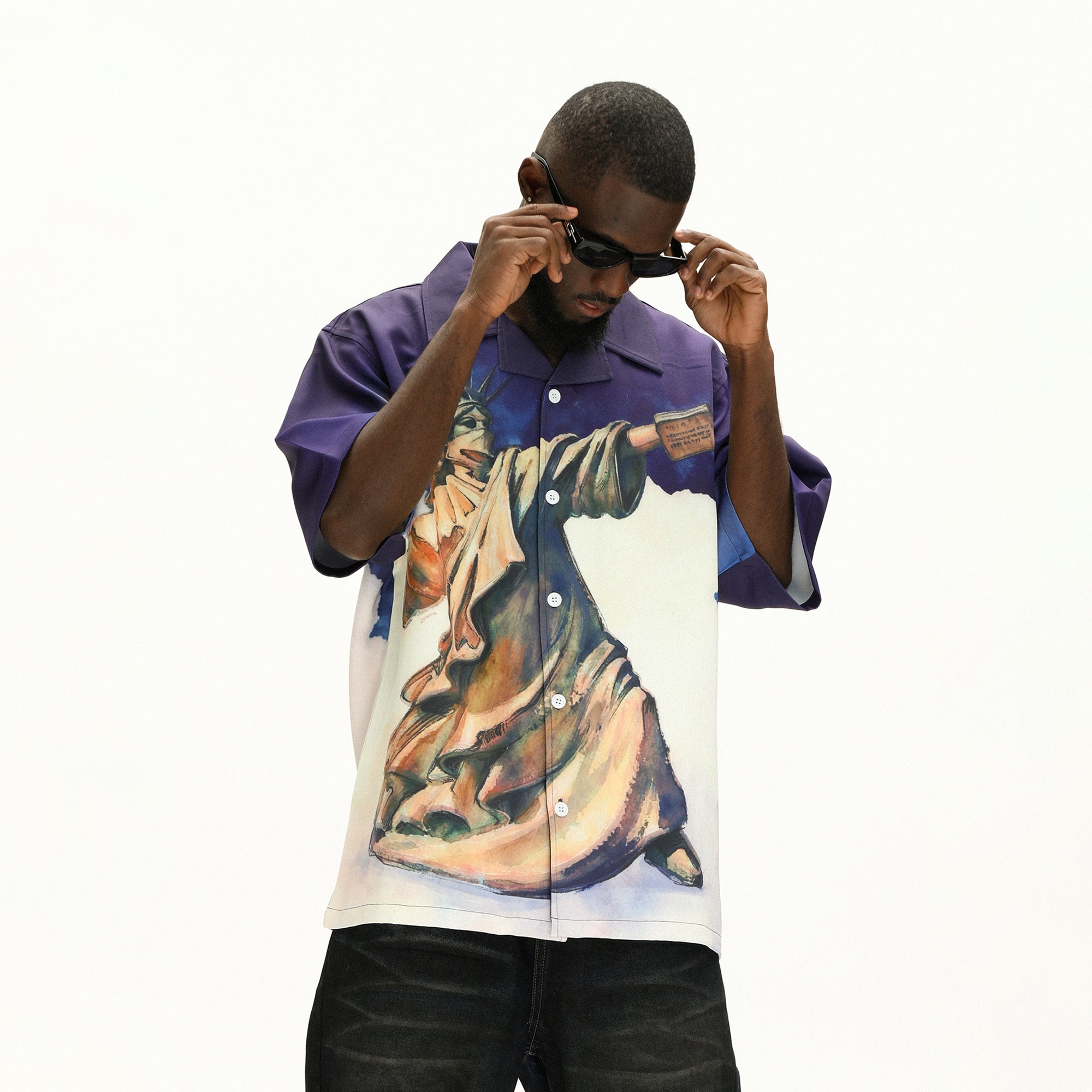 UNTILWERICH Liberty Graphic Cuban Collar Half Shirt-Half shirt-M-Free Shipping Leatheretro