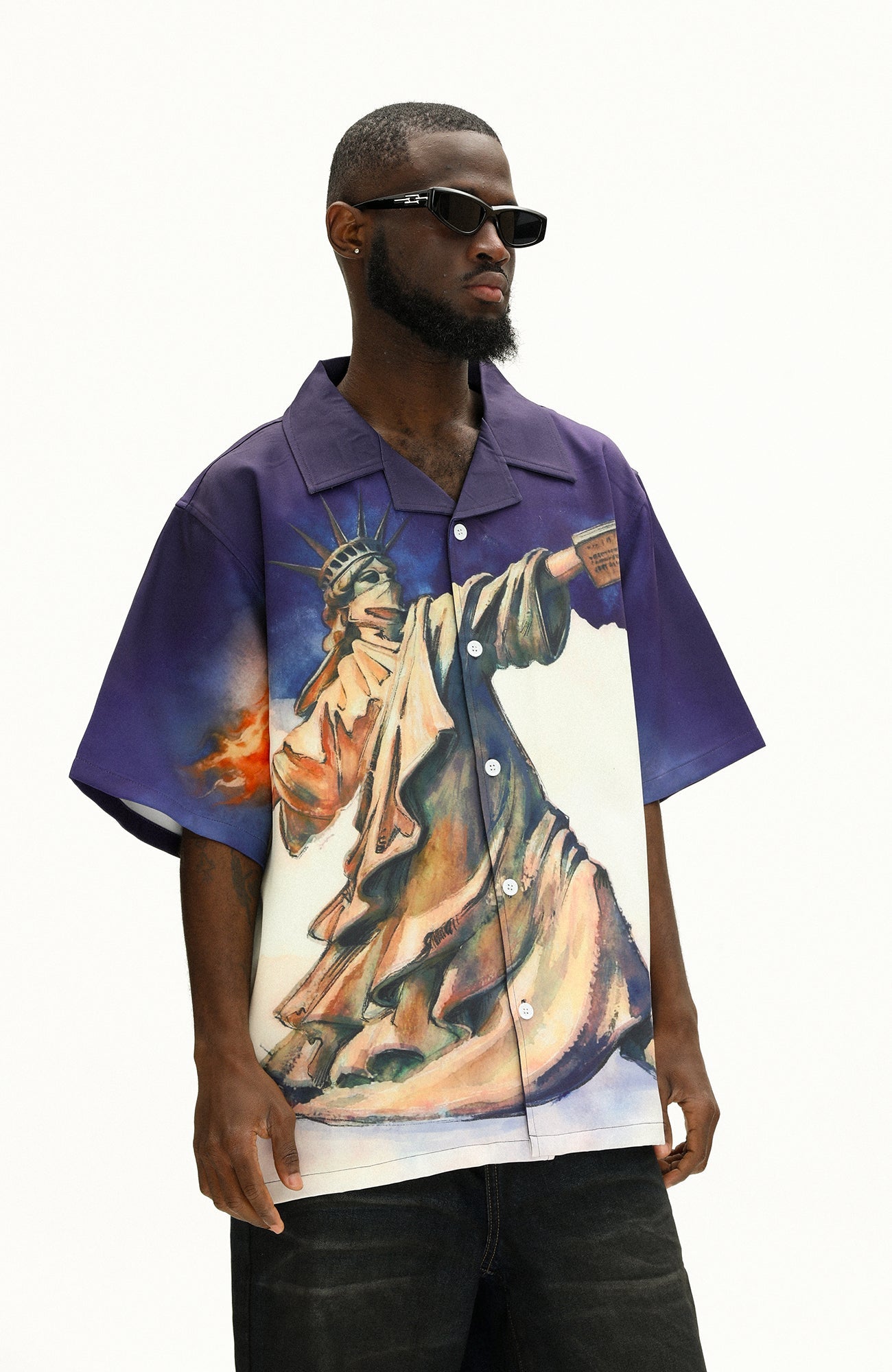 UNTILWERICH Liberty Graphic Cuban Collar Half Shirt-Half shirt-M-Free Shipping Leatheretro
