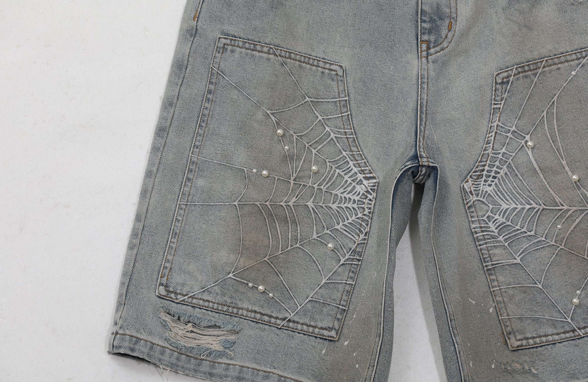 UNTILWERICH Spider Web Embroidered Pearl Denim Shorts-Shorts-S / 31“-Free Shipping Leatheretro