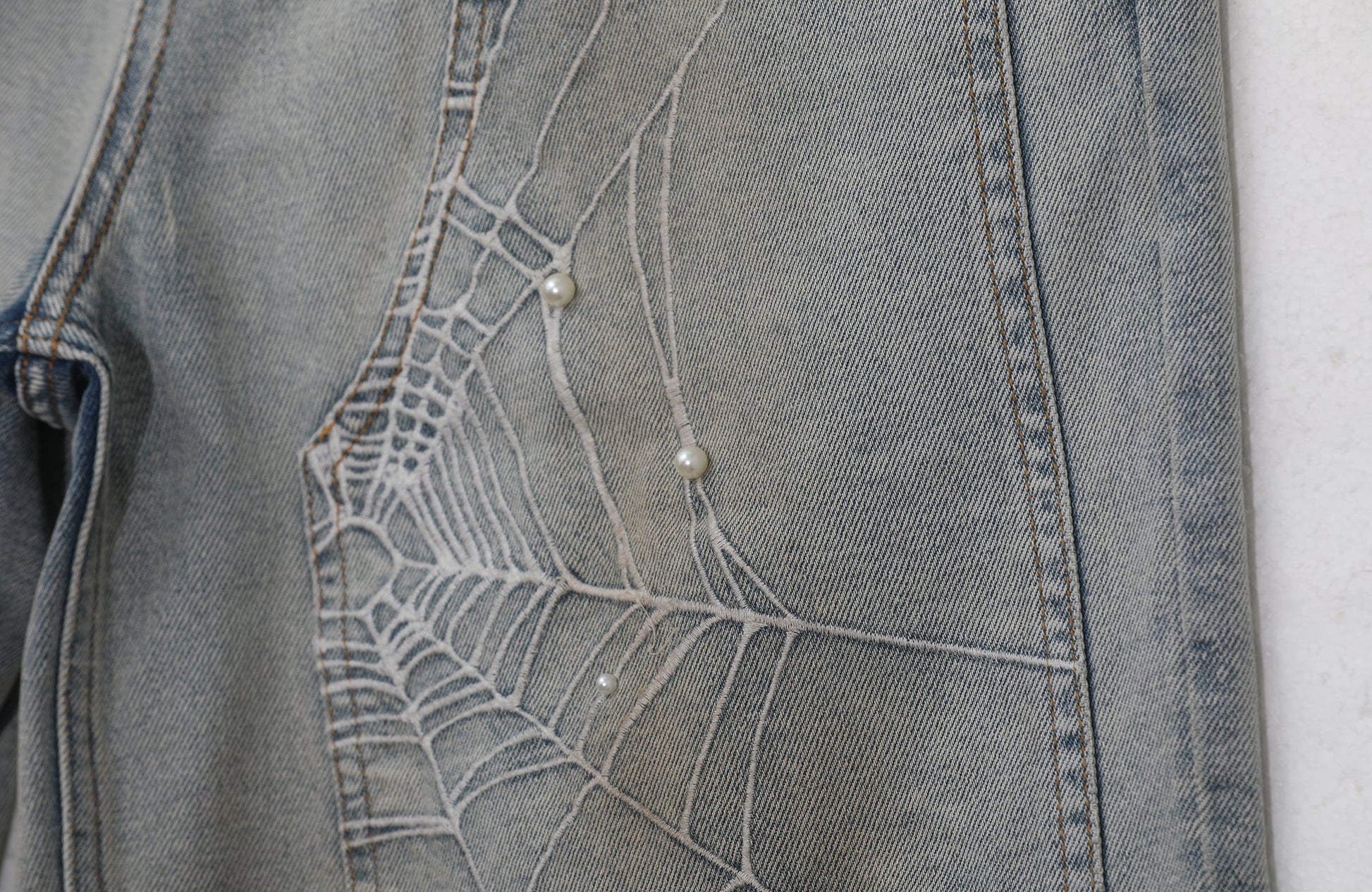 UNTILWERICH Spider Web Embroidered Pearl Denim Shorts-Shorts-S / 31“-Free Shipping Leatheretro