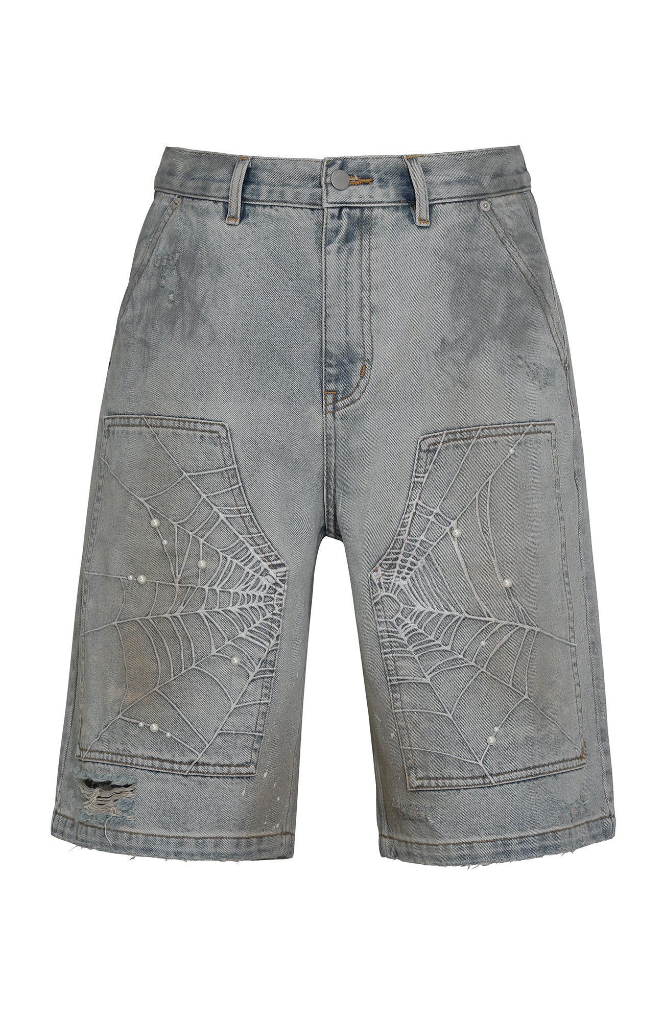 UNTILWERICH Spider Web Embroidered Pearl Denim Shorts-Shorts-S / 31“-Free Shipping Leatheretro