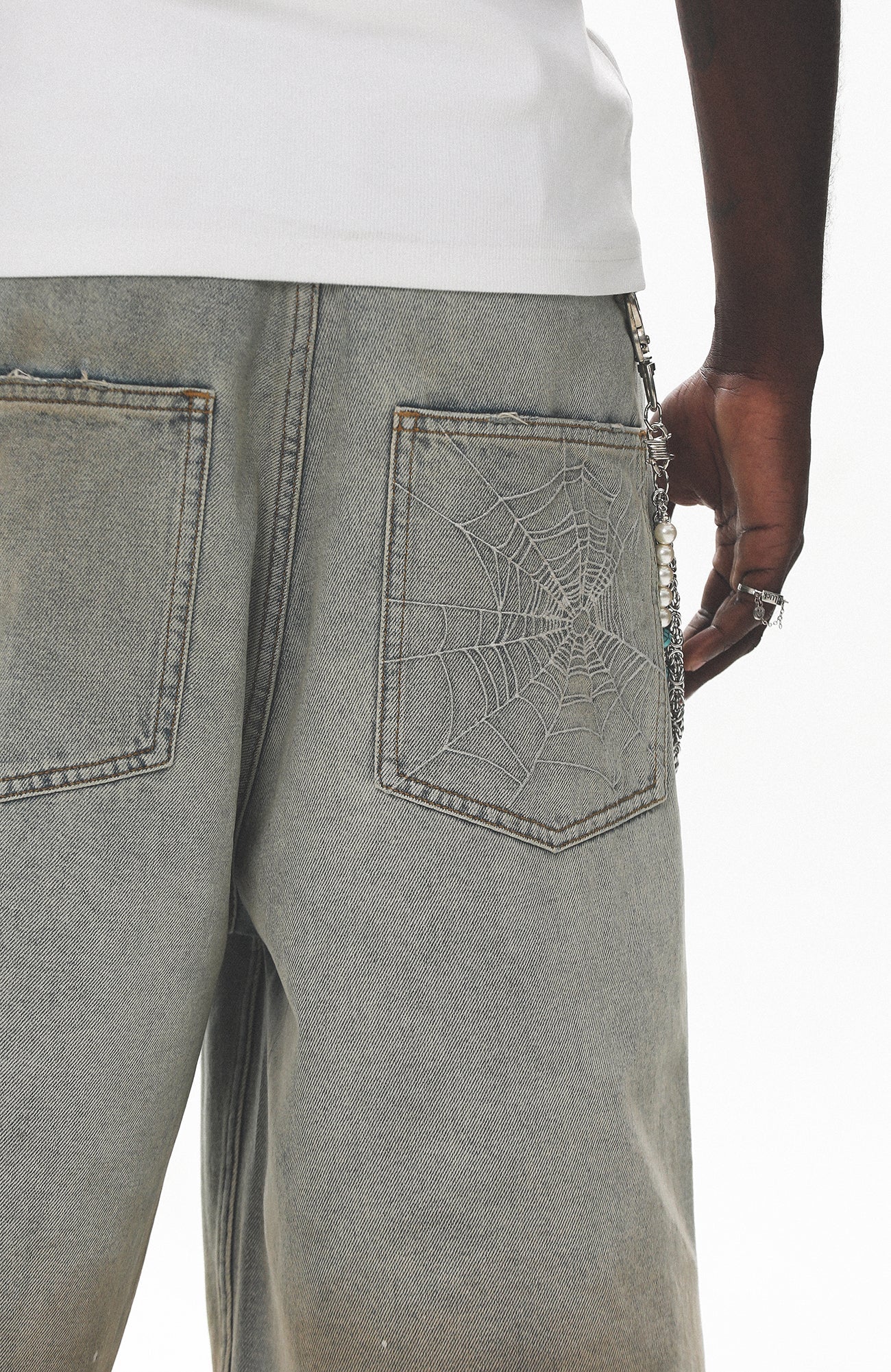 UNTILWERICH Spider Web Embroidered Pearl Denim Shorts-Shorts-S / 31“-Free Shipping Leatheretro