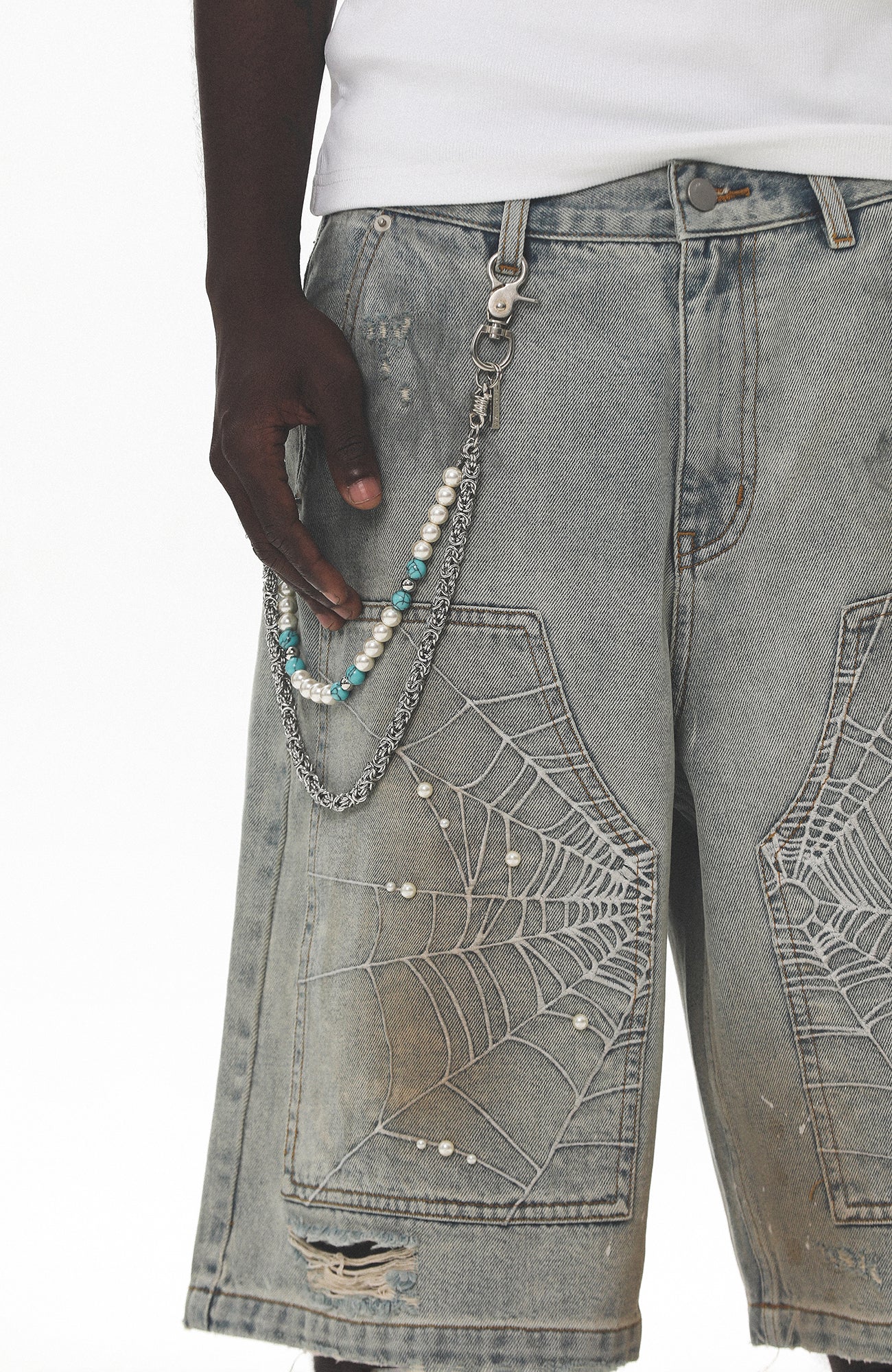 UNTILWERICH Spider Web Embroidered Pearl Denim Shorts-Shorts-S / 31“-Free Shipping Leatheretro