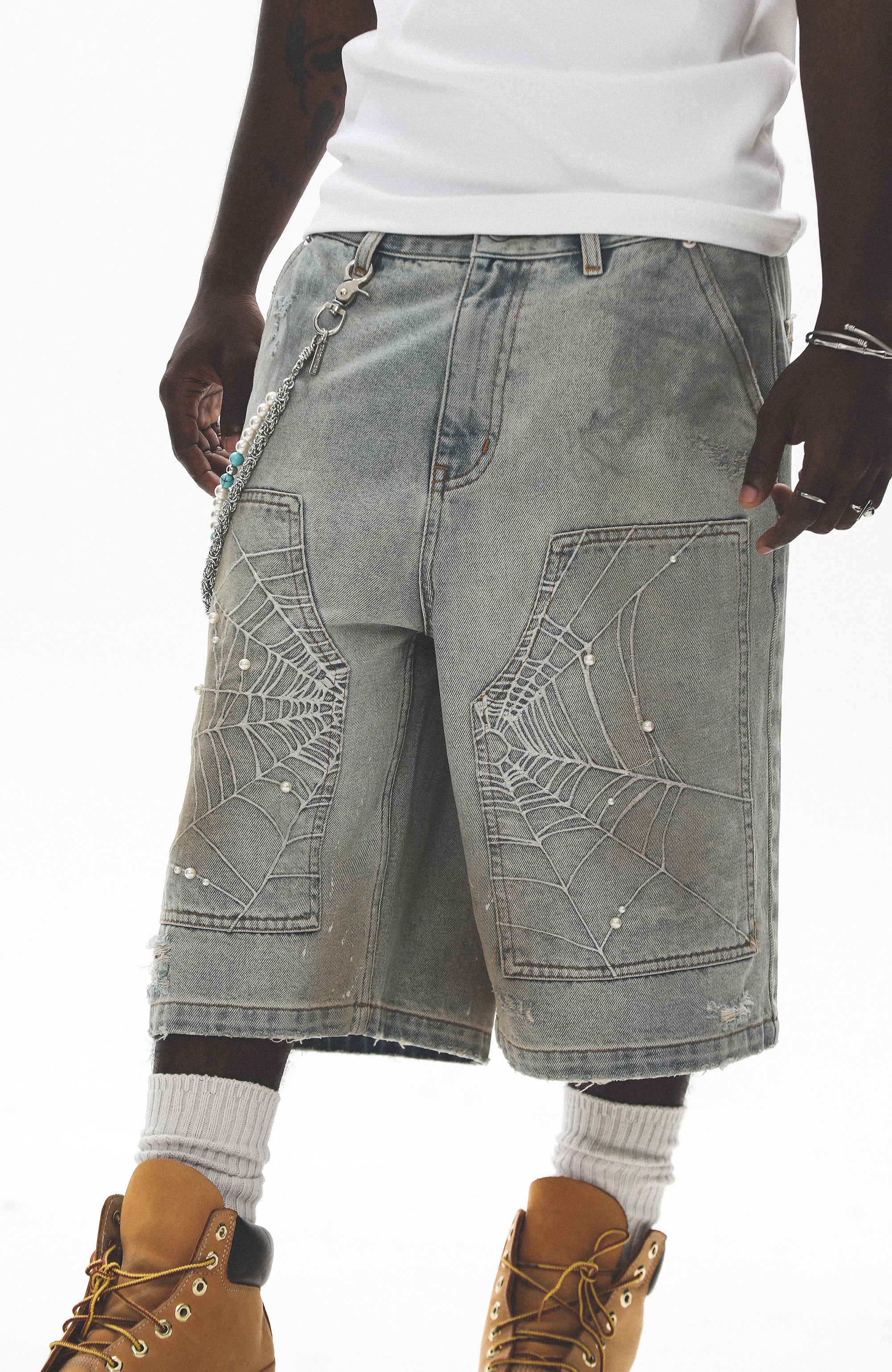 UNTILWERICH Spider Web Embroidered Pearl Denim Shorts-Shorts-S / 31“-Free Shipping Leatheretro