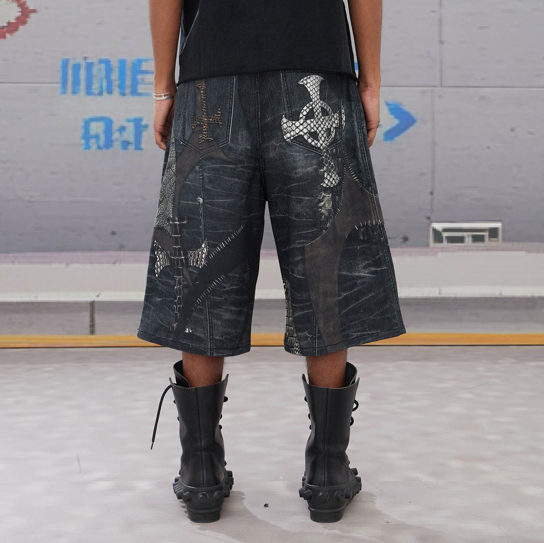 DND4DES Croc Cross Panel Washed Bermuda Denim Shorts-Shorts-XS-Free Shipping Leatheretro