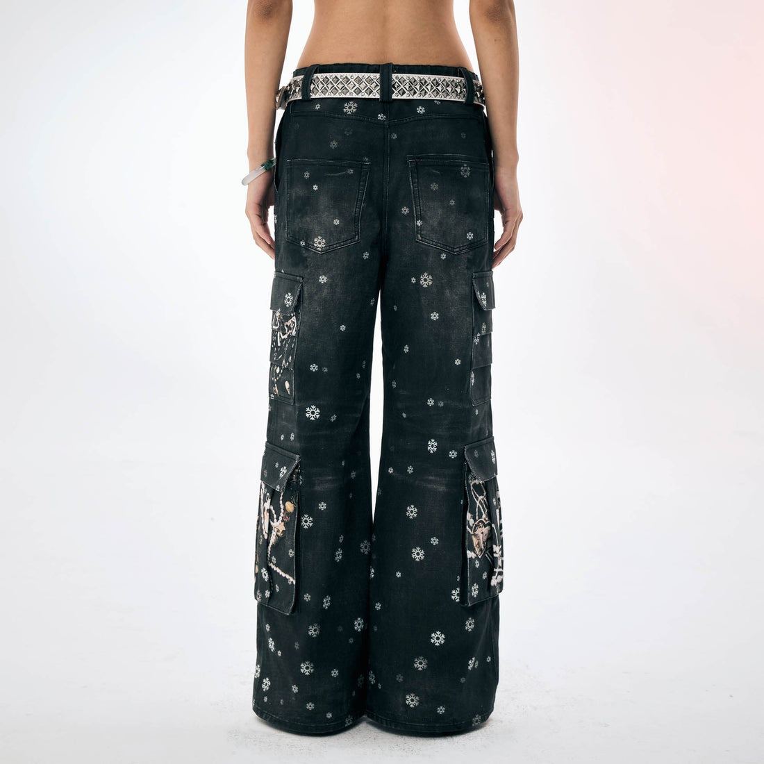 DND4DES¡ÁFaychui Snowflake Full-Print Spliced Multi-Pocket Jeans-Jeans-S-Free Shipping Leatheretro