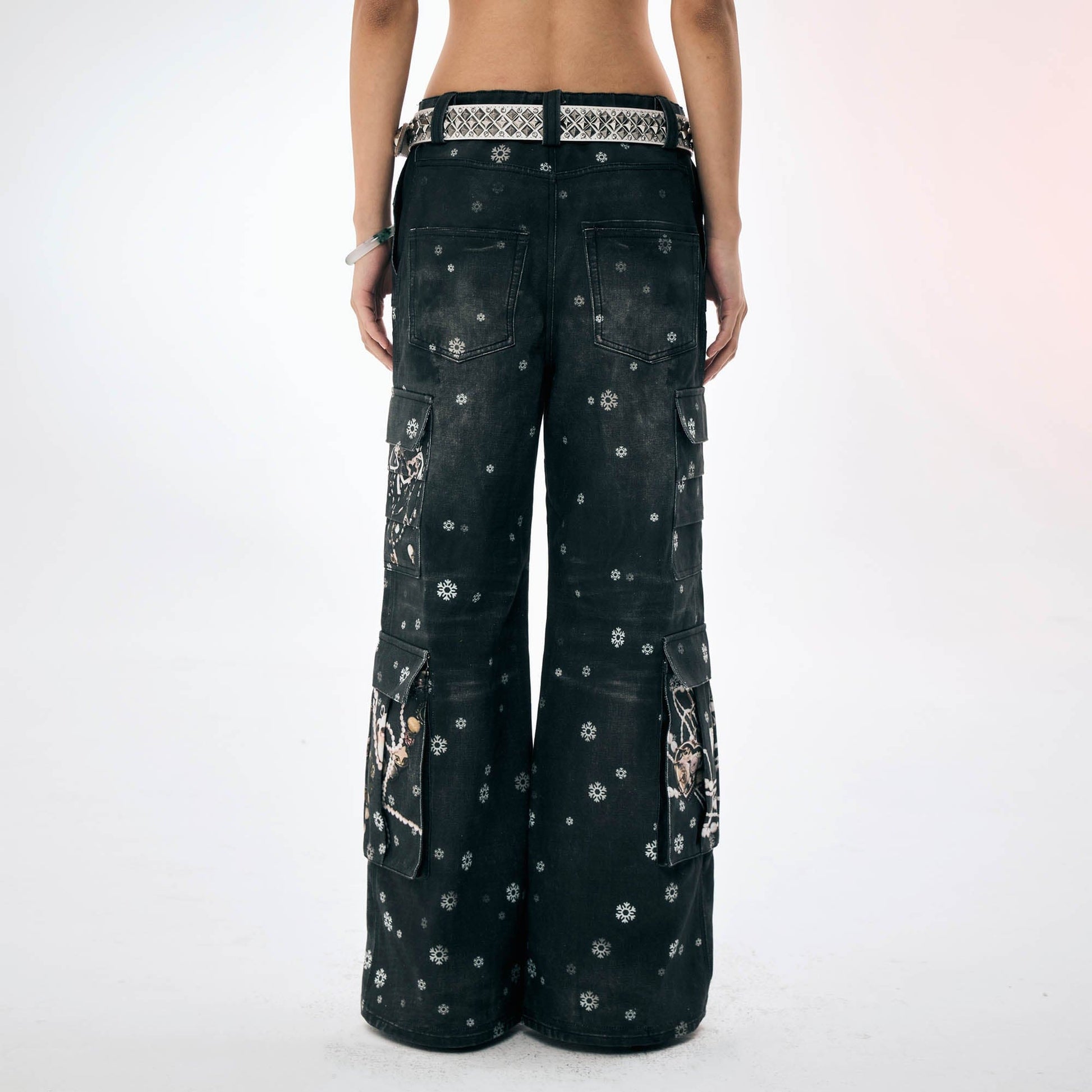 DND4DES¡ÁFaychui Snowflake Full-Print Spliced Multi-Pocket Jeans-Jeans-S-Free Shipping Leatheretro