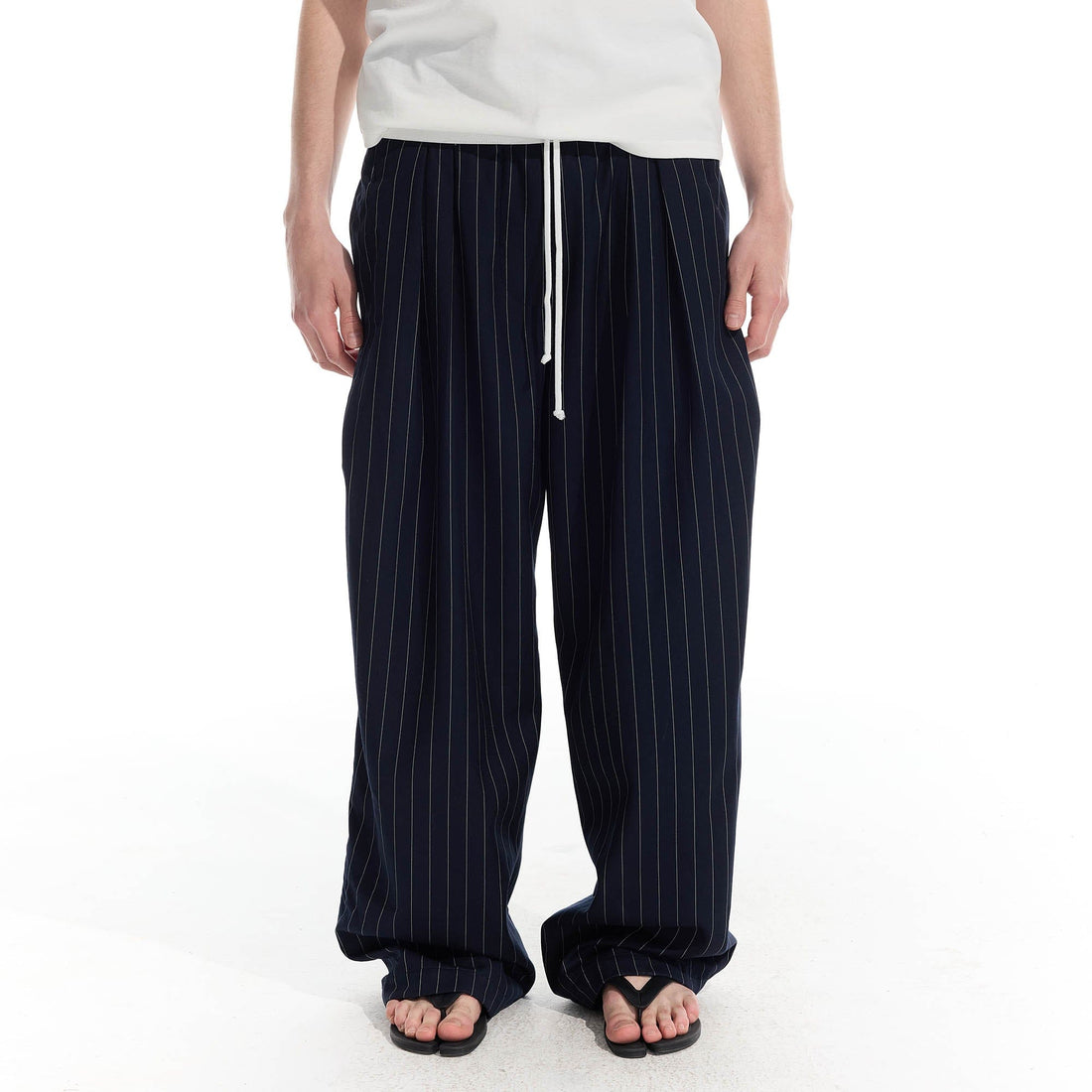 WHISTLEHUNTER Pinstriped Pleated Drawstring Wide-Leg Pants-Pants-S-Black-Free Shipping Leatheretro