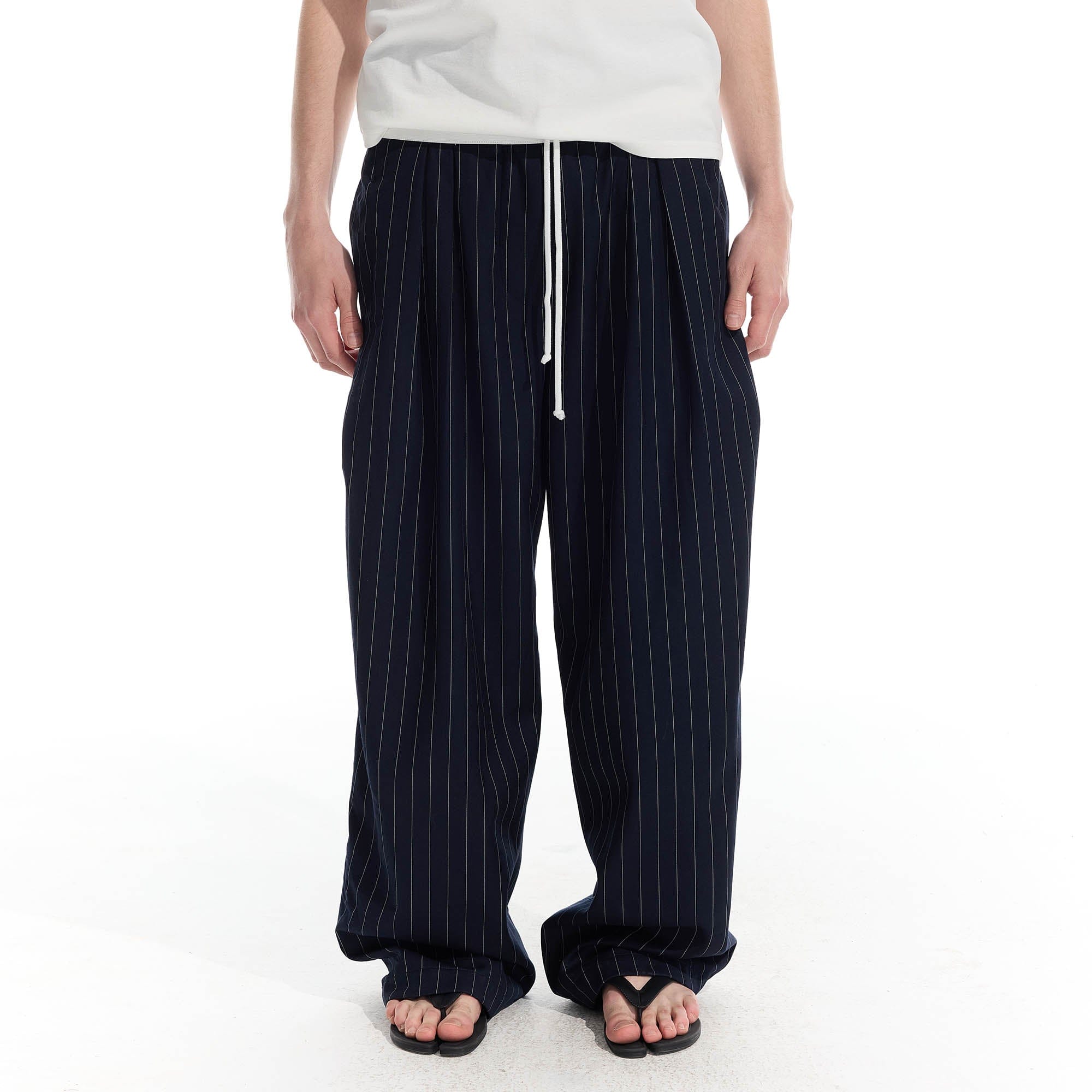 WHISTLEHUNTER Pinstriped Pleated Drawstring Wide-Leg Pants-Pants-S-Blue-Free Shipping Leatheretro