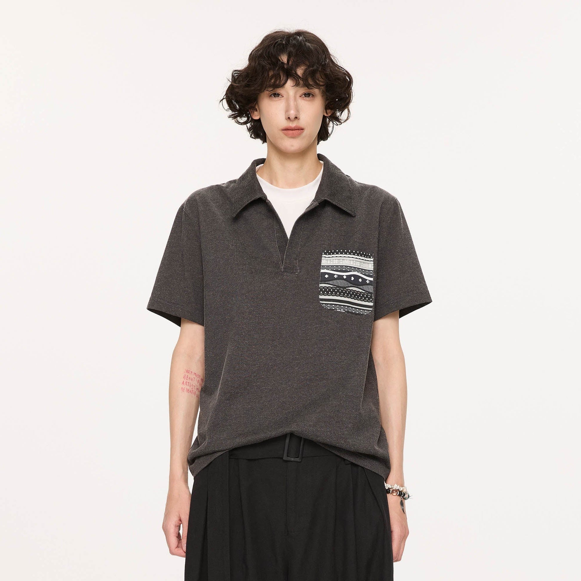 KREATE Layered Fair Isle Pocket Polo T-Shirt-T Shirt-S-Free Shipping Leatheretro