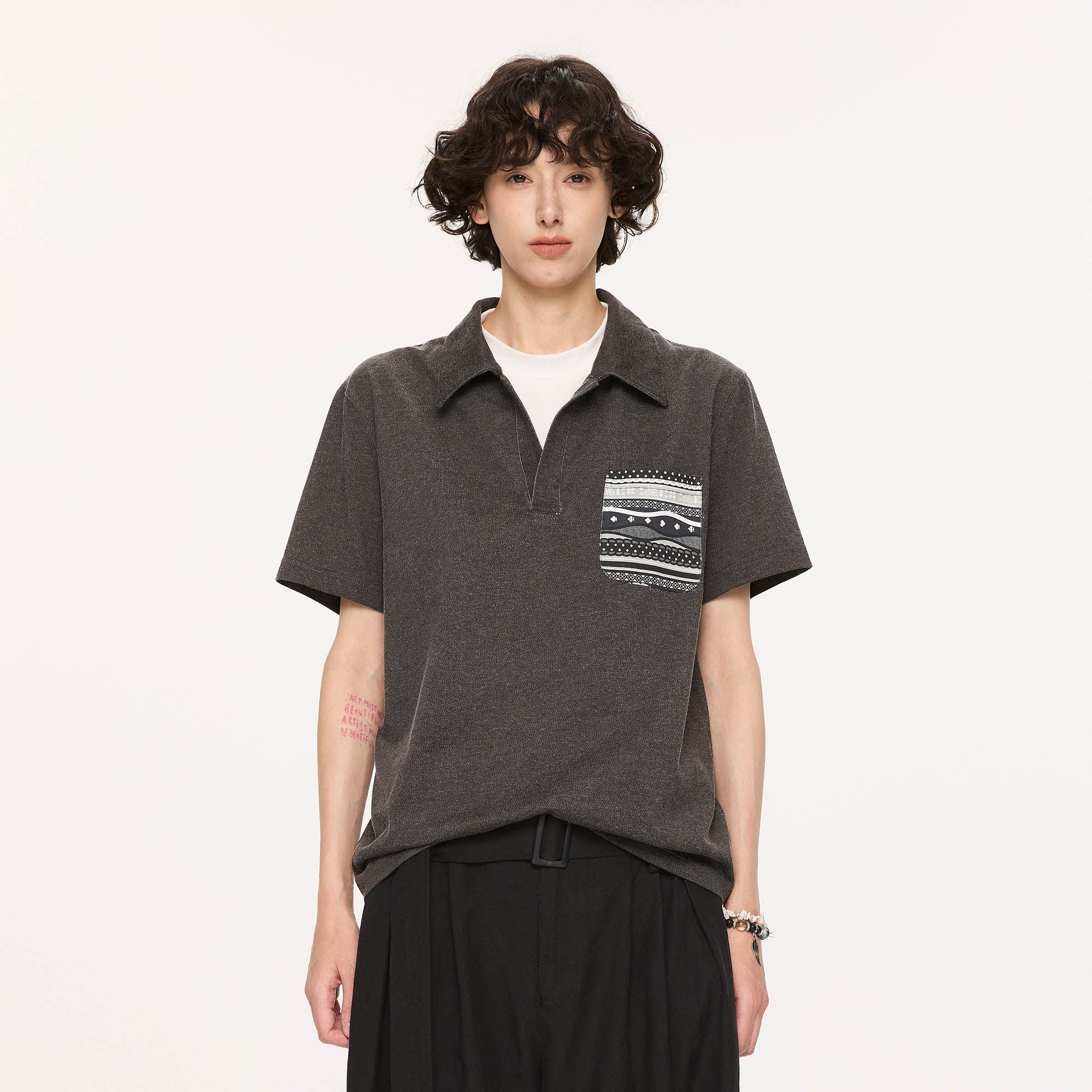 KREATE Layered Fair Isle Pocket Polo T-Shirt-T Shirt-S-Free Shipping Leatheretro