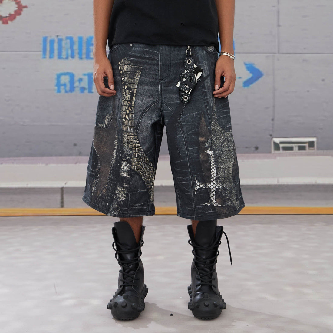 DND4DES Croc Cross Panel Washed Bermuda Denim Shorts-Shorts-XS-Free Shipping Leatheretro