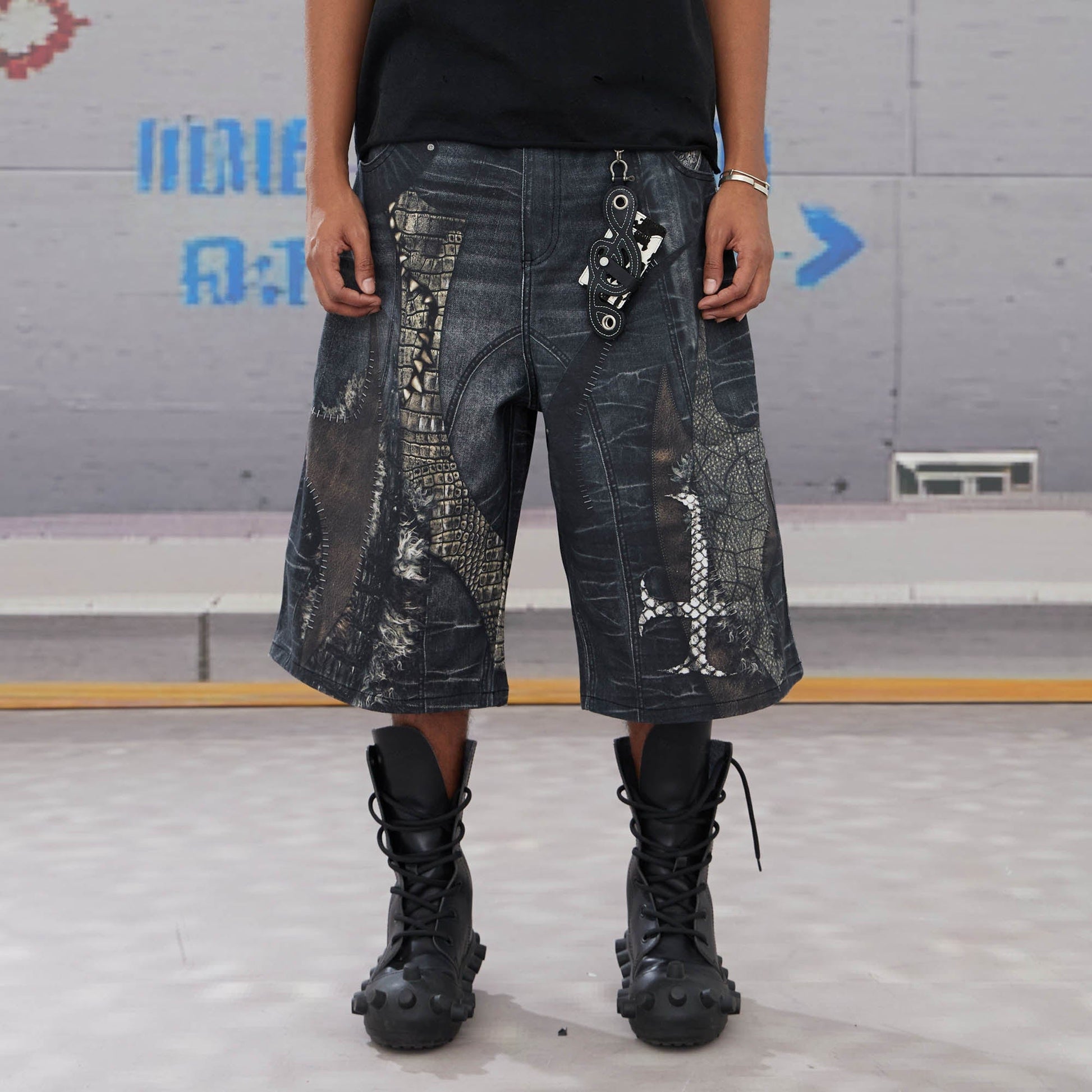 DND4DES Croc Cross Panel Washed Bermuda Denim Shorts-Shorts-XS-Free Shipping Leatheretro