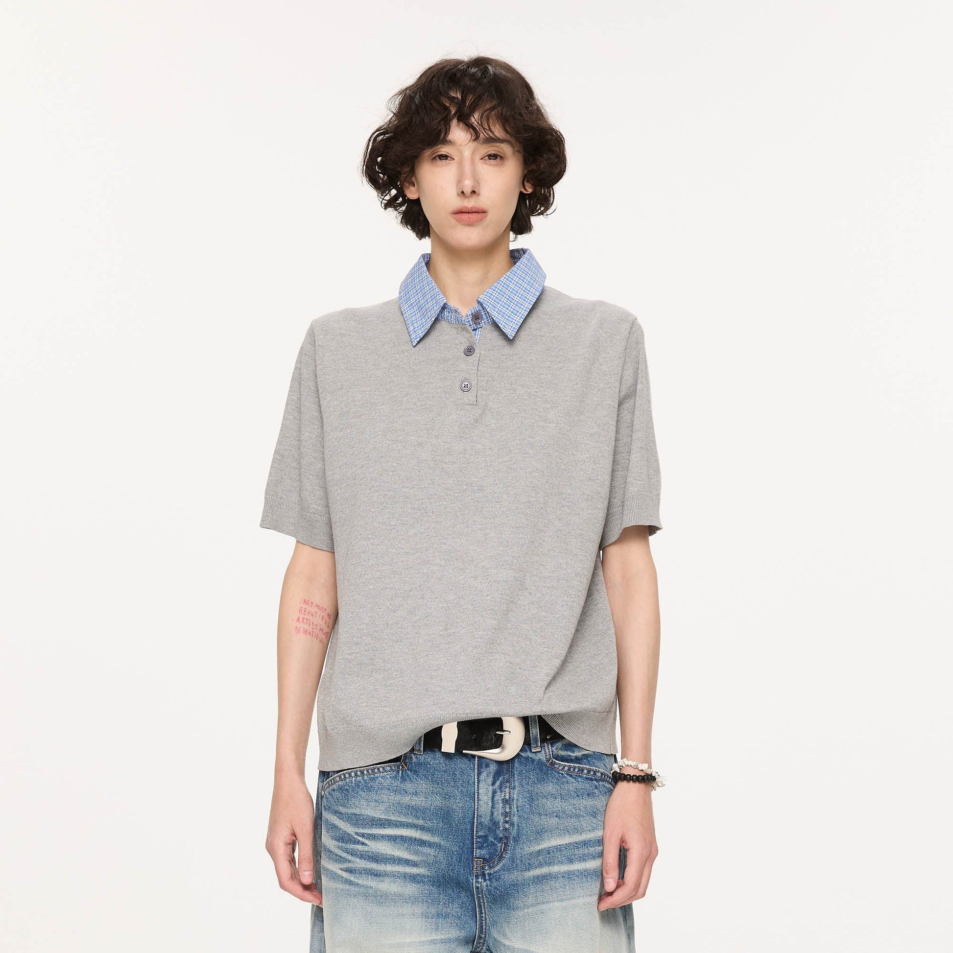 KREATE Preppy Spliced Plaid Collar Knit Polo-T Shirt-S-Gray-Free Shipping Leatheretro