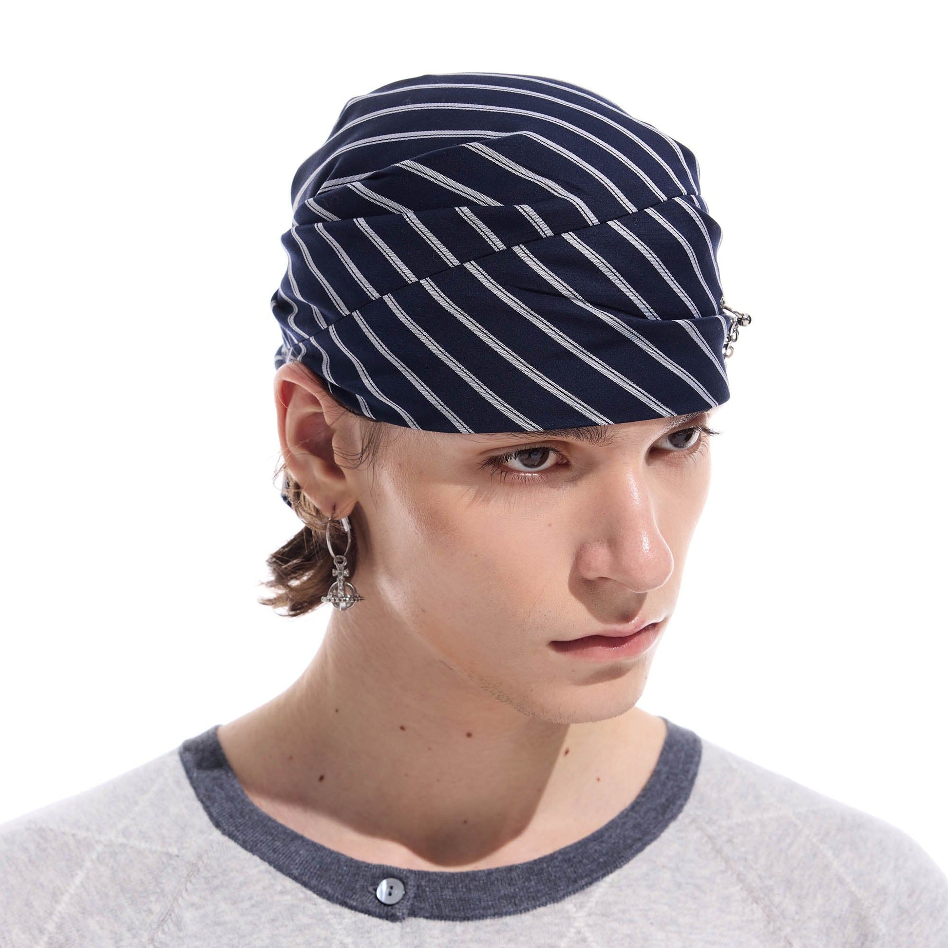 WHISTLEHUNTER Striped Detachable Chain Lace-Up Headscarf-Hat, Cap, Beanie-One Size-Navy-Free Shipping Leatheretro