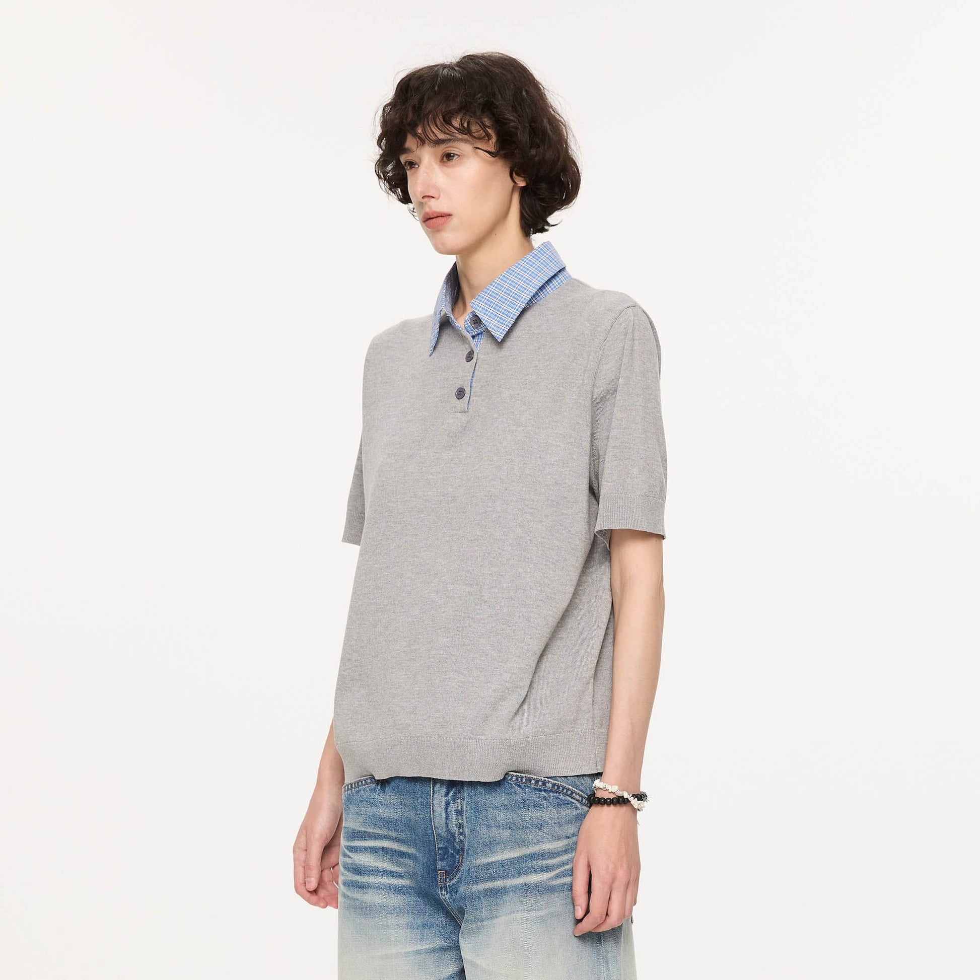 KREATE Preppy Spliced Plaid Collar Knit Polo-T Shirt-S-Navy-Free Shipping Leatheretro