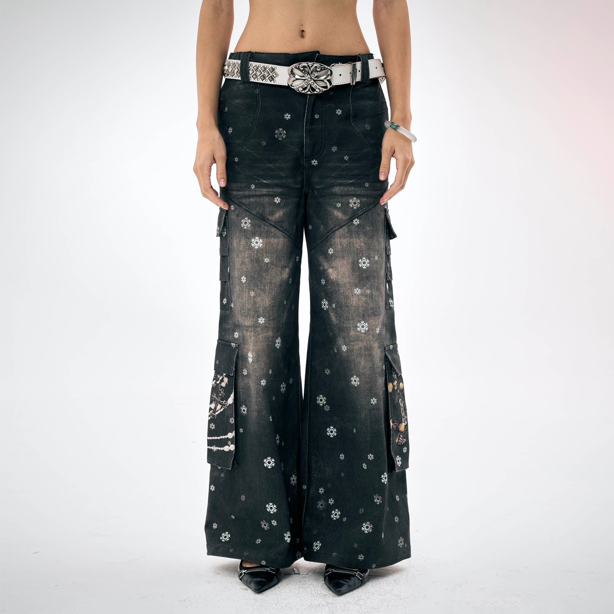 DND4DES¡ÁFaychui Snowflake Full-Print Spliced Multi-Pocket Jeans-Jeans-S-Free Shipping Leatheretro