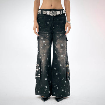 DND4DES¡ÁFaychui Snowflake Full-Print Spliced Multi-Pocket Jeans-Jeans-S-Free Shipping Leatheretro