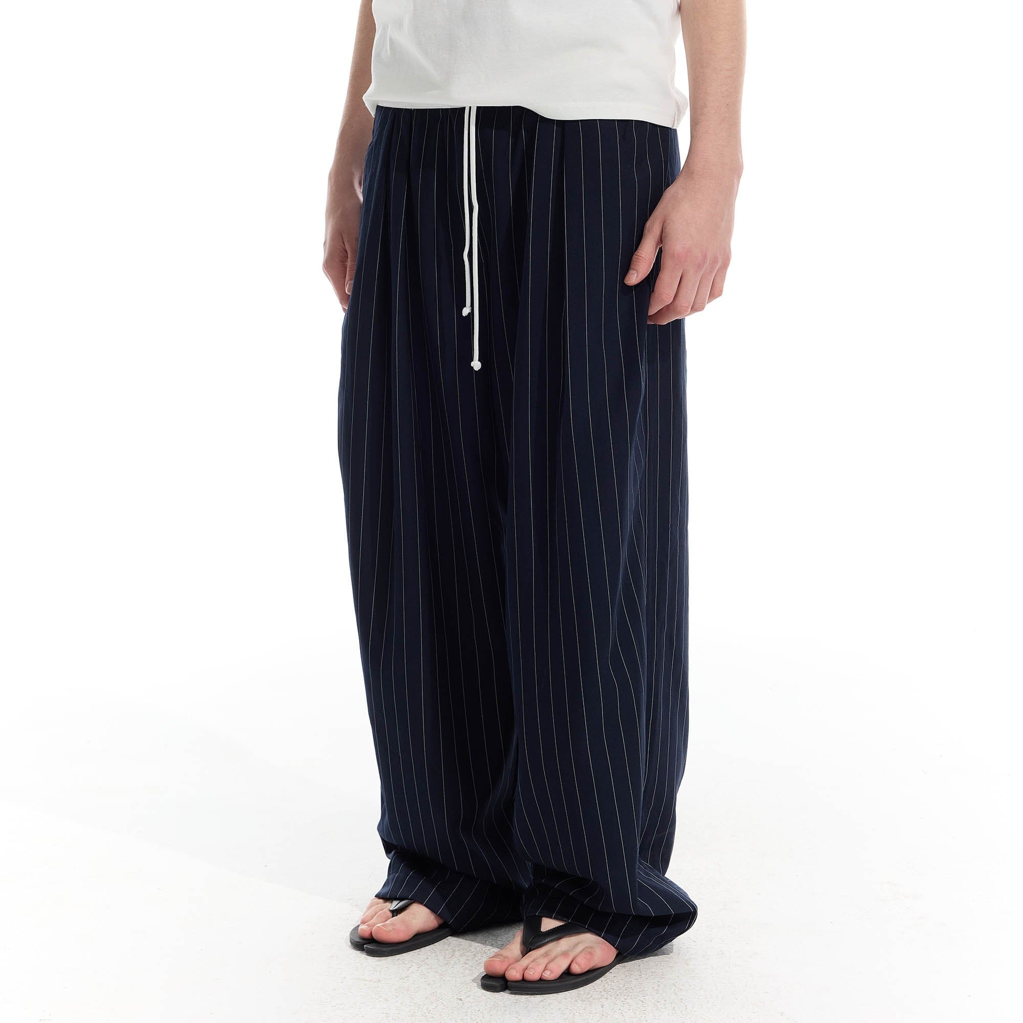 WHISTLEHUNTER Pinstriped Pleated Drawstring Wide-Leg Pants-Pants-S-Black-Free Shipping Leatheretro