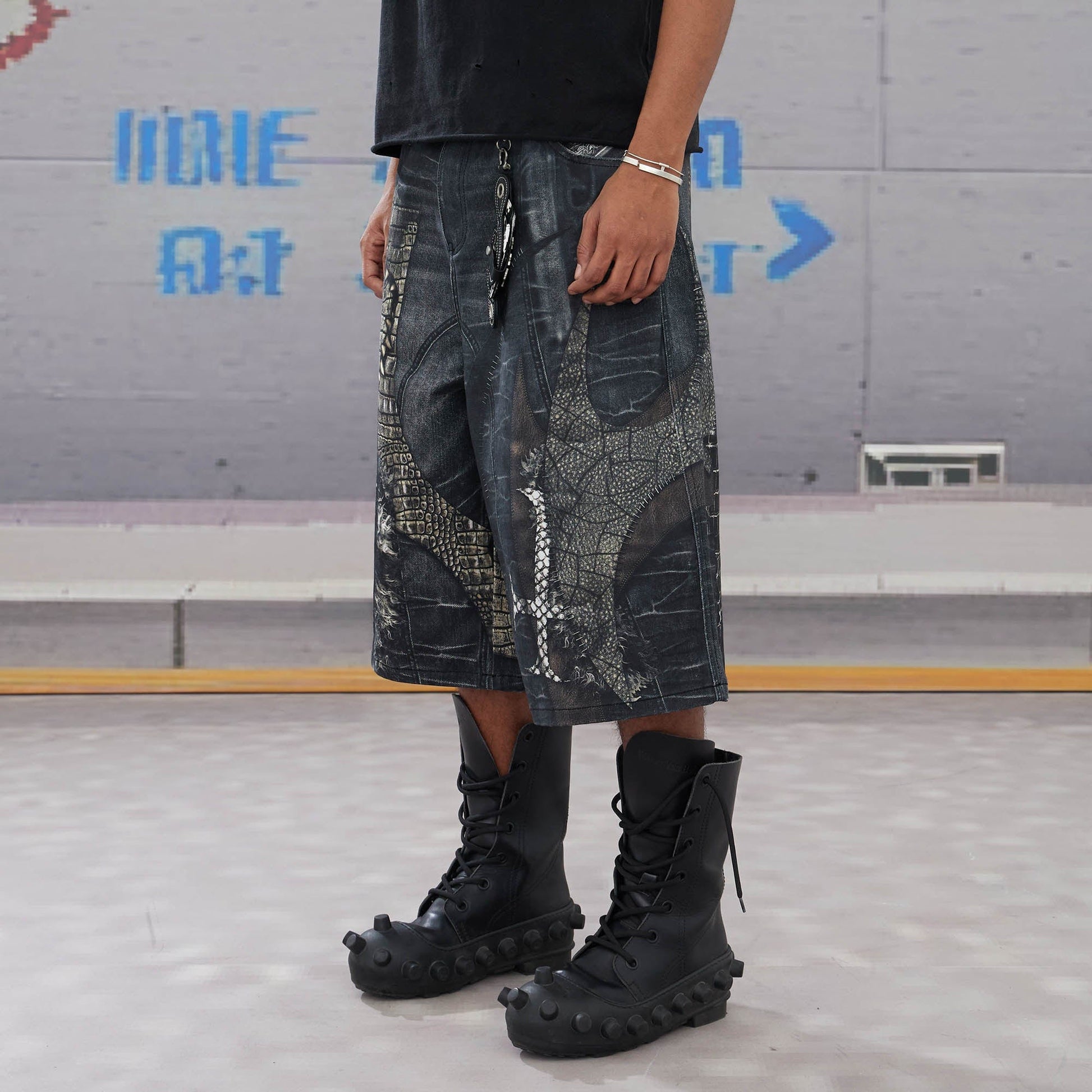 DND4DES Croc Cross Panel Washed Bermuda Denim Shorts-Shorts-XS-Free Shipping Leatheretro