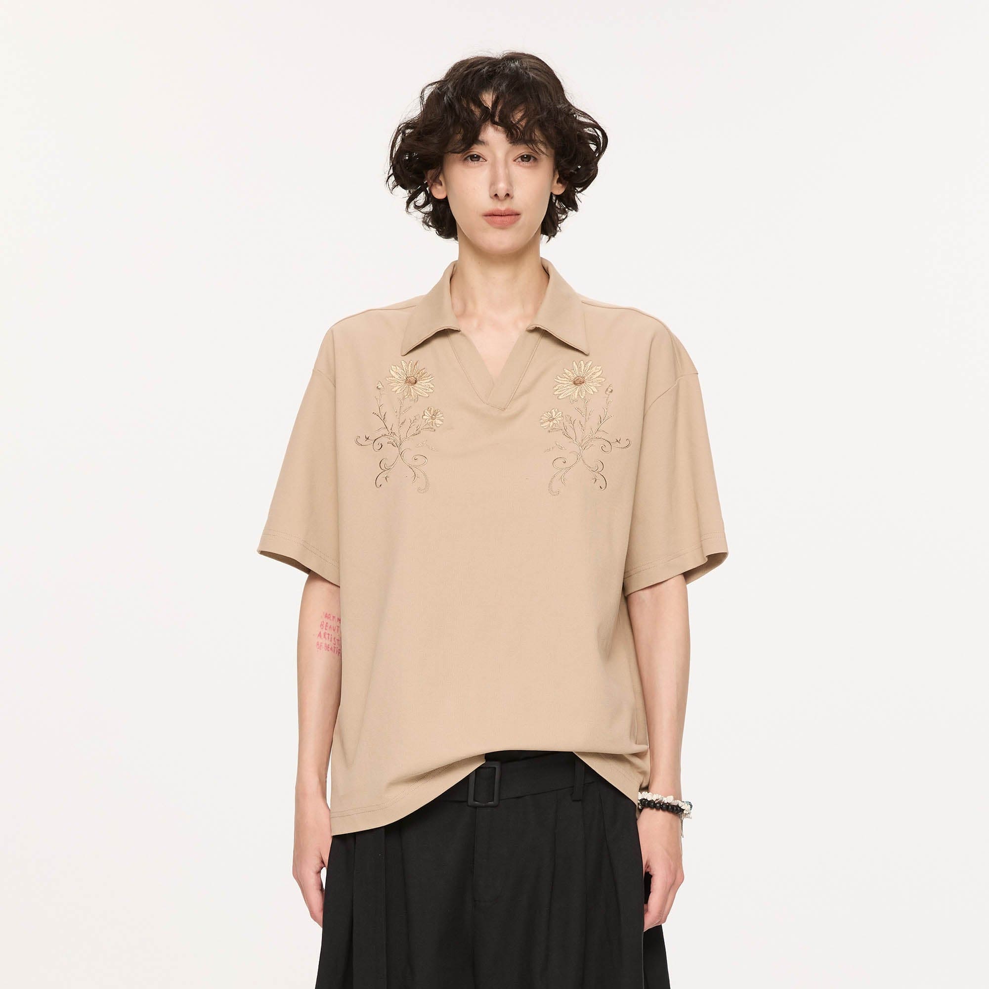 KREATE Daisy Embroidered Polo T-Shirt-T Shirt-S-Khaki-Free Shipping Leatheretro