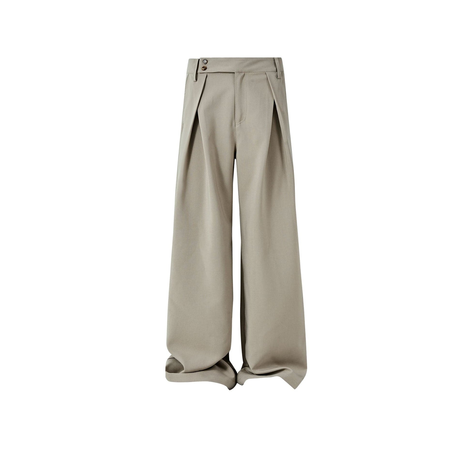 KREATE Inverted Pleats Asymmetric Waist Wide-Leg Trousers-Pants-S-Khaki-Free Shipping Leatheretro