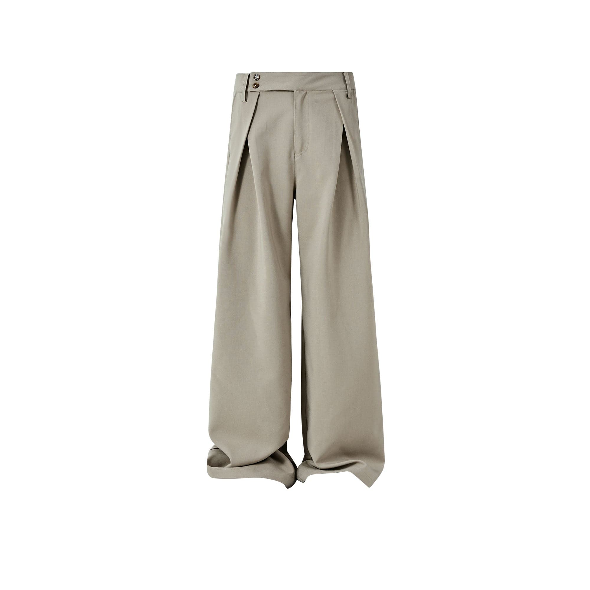 KREATE Inverted Pleats Asymmetric Waist Wide-Leg Trousers-Pants-S-Khaki-Free Shipping Leatheretro