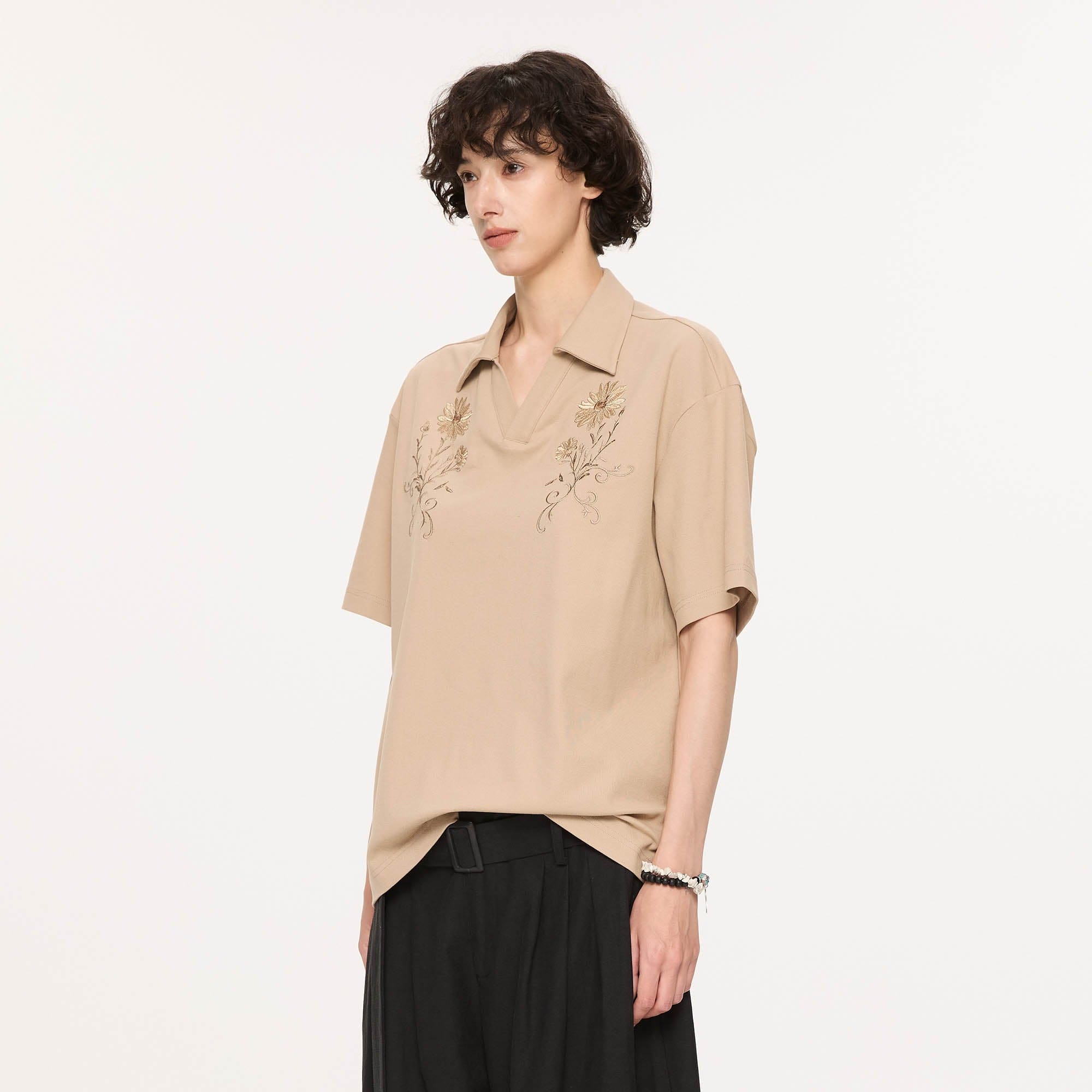 KREATE Daisy Embroidered Polo T-Shirt-T Shirt-S-Khaki-Free Shipping Leatheretro