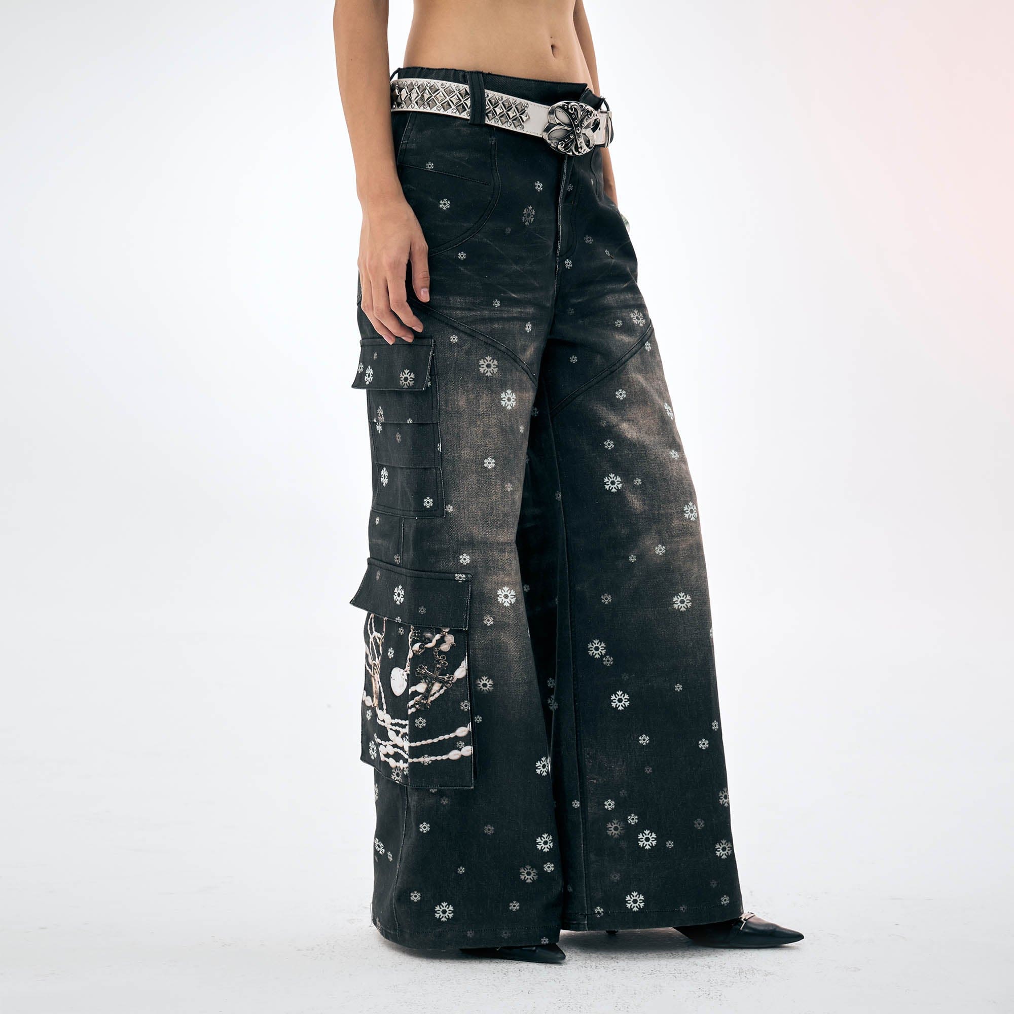 DND4DES¡ÁFaychui Snowflake Full-Print Spliced Multi-Pocket Jeans-Jeans-S-Free Shipping Leatheretro