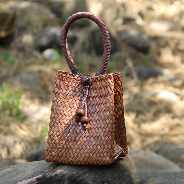 Handwoven Straw Tote Bag Mini Beach Bag for Vacation, Summer, and Resort Wear-Handbags-C011 coffee red-Free Shipping Leatheretro