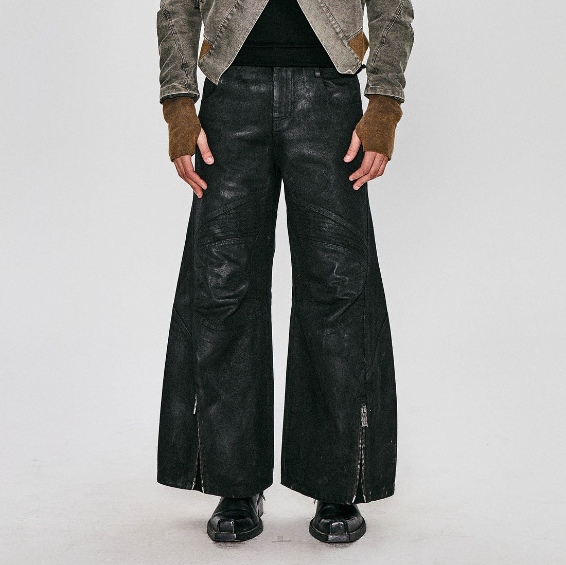 FLYERRER Waxed Deconstructed-Knee Zip-Hem Flared Pants-Pants-S-Free Shipping Leatheretro