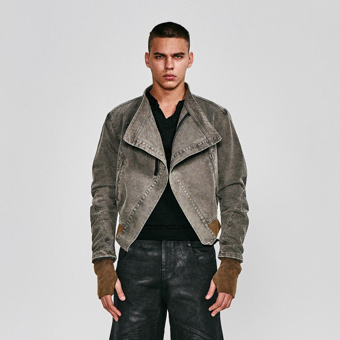 FLYERRER Asymmetrical Distressed Cropped Denim Jacket-Jacket-S-Free Shipping Leatheretro