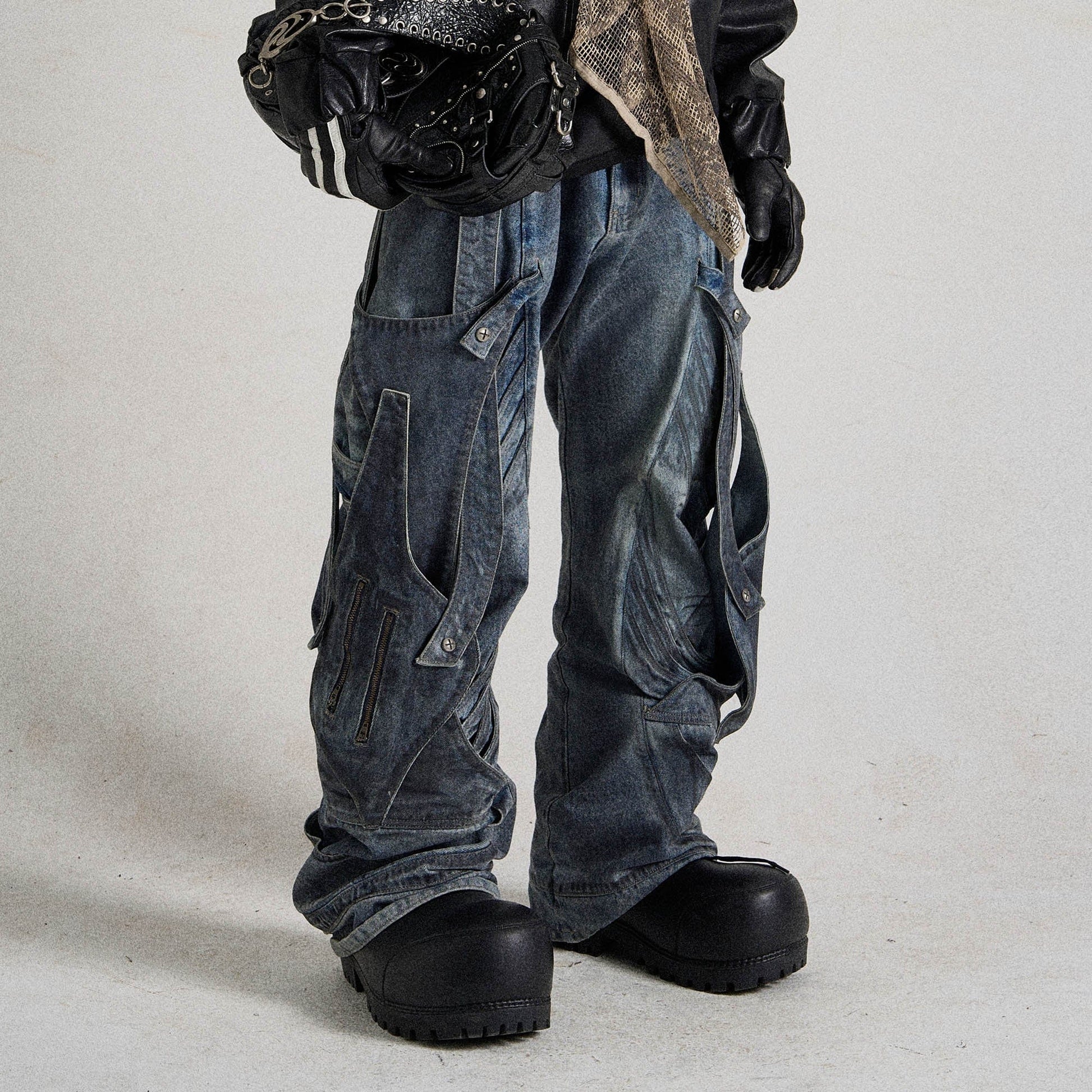 FLYERRER Deconstructed Multi-Strap Wide-Leg Jeans-Jeans-S-Free Shipping Leatheretro