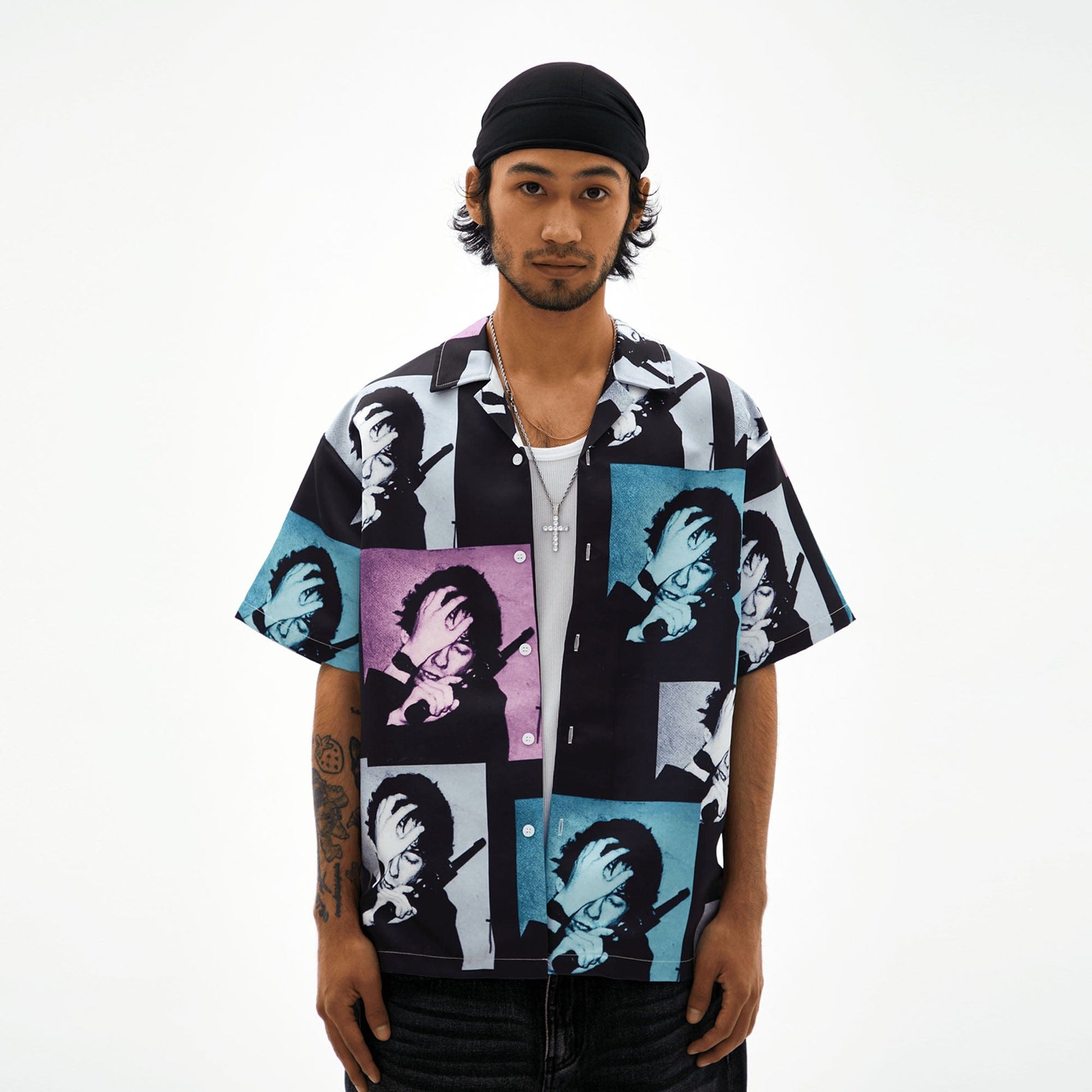 TECNINEGROUP Pop Art Portrait Graphic Cuban Half Shirt-Half shirt-Multicolor-S-Free Shipping Leatheretro