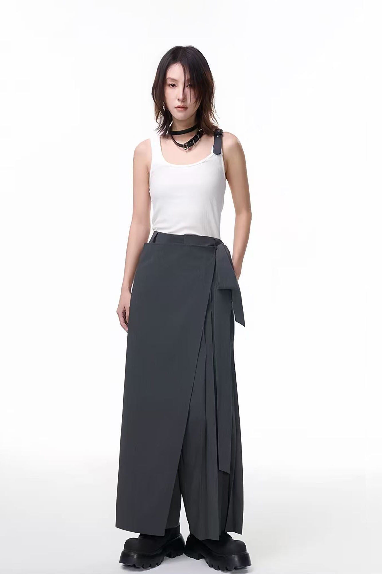 TUIMU Asymmetrical Wrap Pleated Wide-Leg Trousers-Pants-S-Black-Free Shipping Leatheretro
